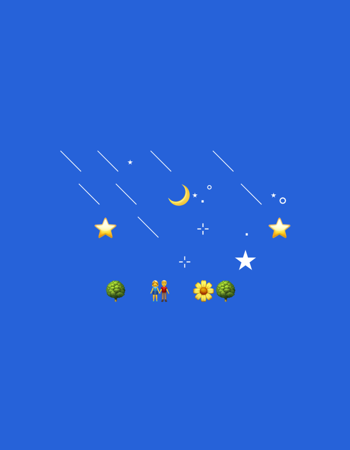 The image depicts a stylized, minimalist night scene against a solid blue background. In the upper portion, a golden crescent moon is visible, accompanied by various white and yellow stars of different sizes and designs. Several white dashed lines, resembling shooting stars or star trails, traverse the sky from left to right.
In the lower center of the image, two small, cartoonish figures, a male and a female emoji, stand holding hands. To their left is a green, spherical tree emoji, and to their right is a yellow sunflower emoji, followed by another green, spherical tree emoji.
The overall impression is a peaceful or romantic evening outdoor setting. The time of day is clearly night, indicated by the moon and stars. There are no specific weather cues other than a clear sky. The scene is generic and artistic, composed entirely of emojis and simple line graphics, offering no direct geographical or architectural location cues. No text is visible in the image.