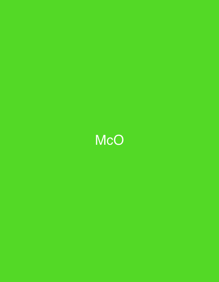 The image displays a solid, uniform lime green background. Centered horizontally and vertically on this field is the white text "McO" rendered in a sans-serif typeface. No other subjects, objects, people, actions, or environmental details are visible. The image provides no visual indicators or contextual clues to suggest a specific geographical location such as the city of Casablanca, Morocco.