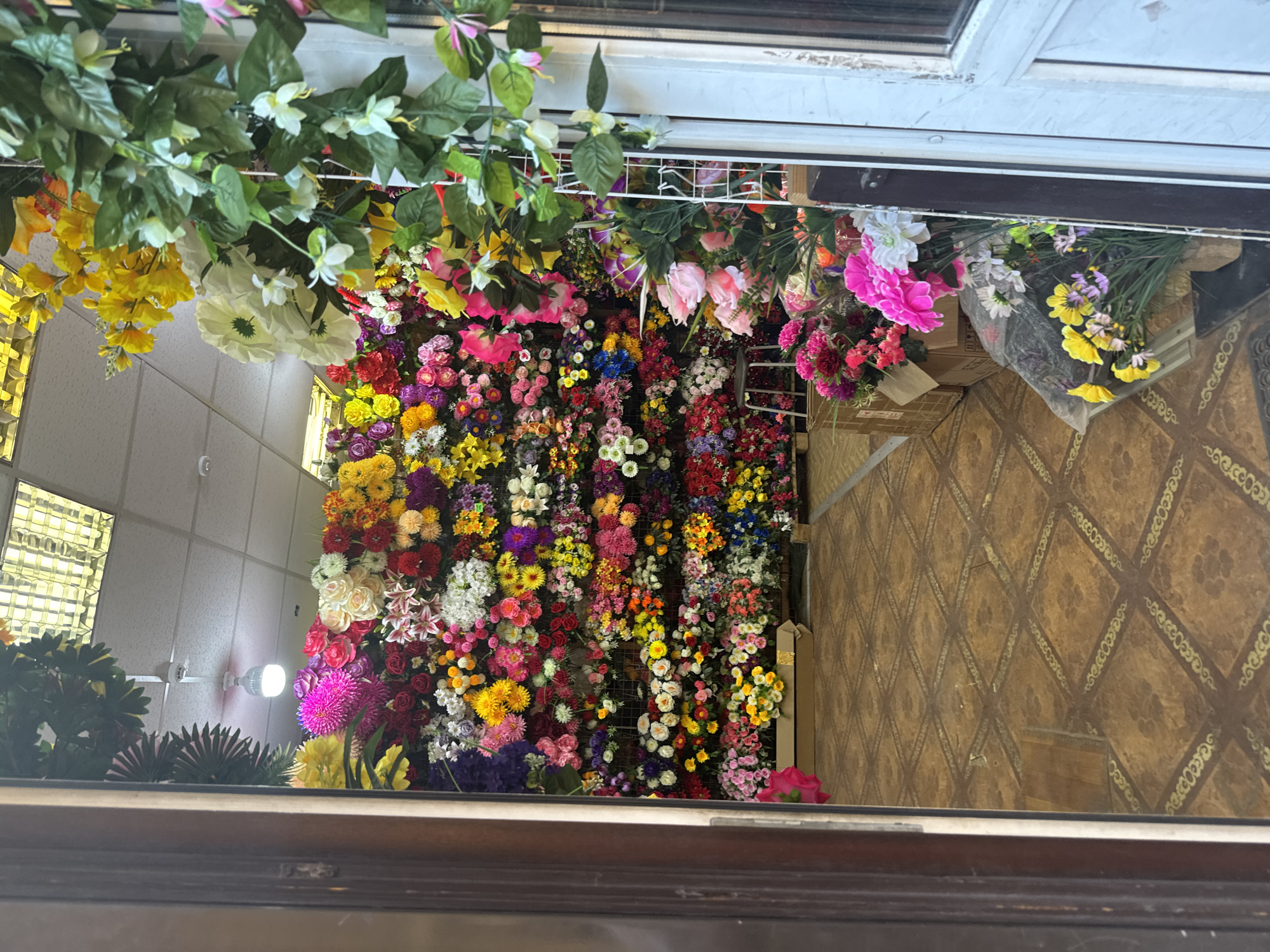 The image captures an indoor scene filled with a vibrant display of artificial flowers. The flowers are densely arranged on a wire mesh grid, creating a colorful tapestry of various blooms in shades of pink, yellow, red, purple, white, and orange. They hang from the ceiling and extend downwards, forming a lush, cascading arrangement.
The setting appears to be a shop or a display area. In the background, a wall with a diamond-patterned texture is visible, possibly wallpaper or painted. There are also ceiling lights and what looks like a fan, suggesting an interior commercial space. Boxes are stacked near the flower display, adding to the impression of a retail environment.
In the foreground, the edge of a wooden frame is visible, indicating the viewpoint is from an entryway or through a window. The lighting suggests it is daytime, with artificial lights contributing to the overall brightness of the scene.
The overall impression is one of abundance and visual richness, with the artificial flowers creating a festive and decorative atmosphere. There is no discernible activity or people in the frame, focusing entirely on the floral arrangement and its surroundings. No text is visible in the image.