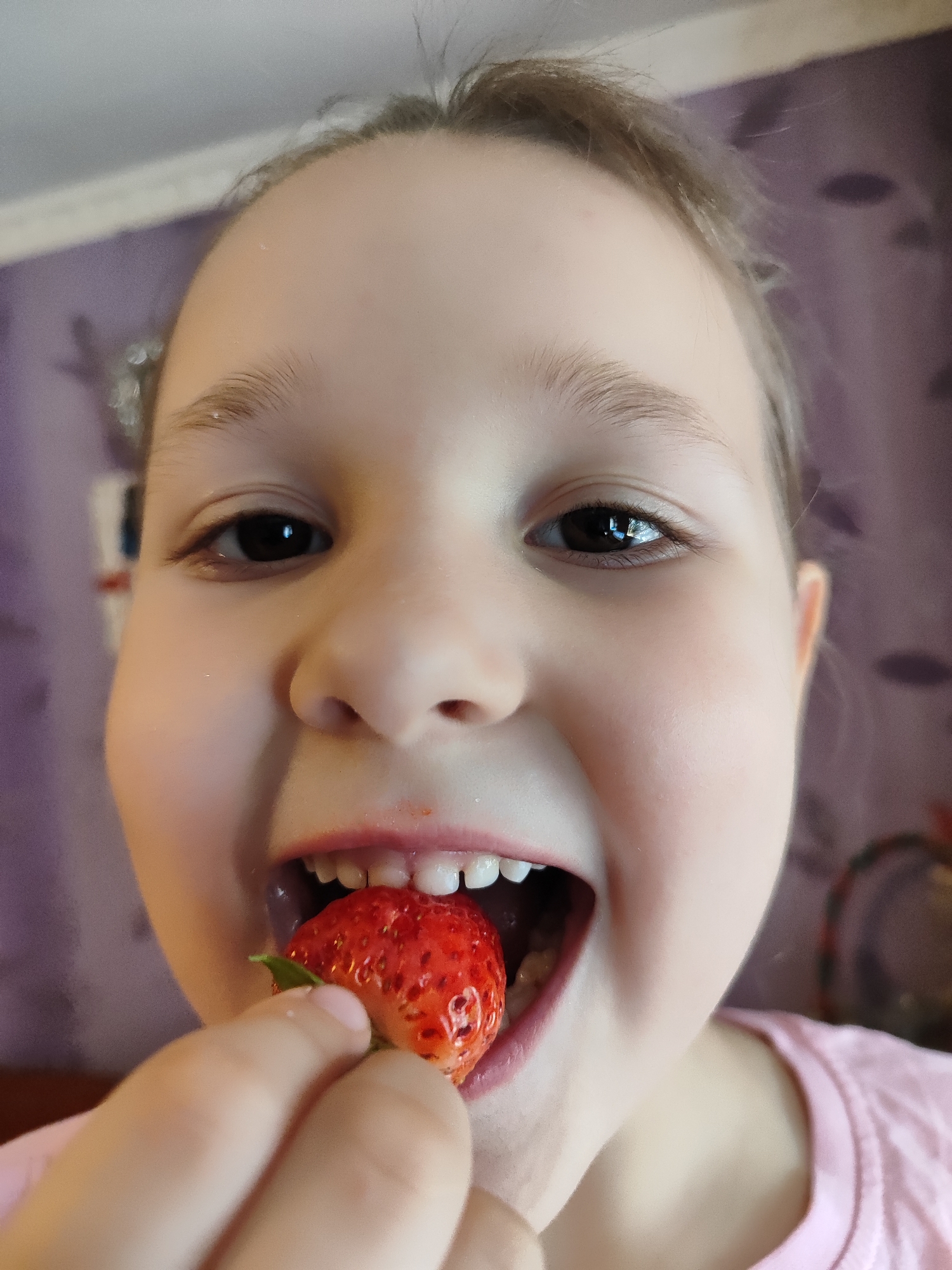 A young Caucasian girl is close to the camera, eating a strawberry. Her mouth is open, and she is holding the strawberry with her right hand, bringing it towards her lips. She has light brown hair and dark eyes. She is wearing a pink shirt. The background is out of focus and appears to be an indoor setting with a purple wall. The image was taken in the city of Bryukhovetskaya, Russia.