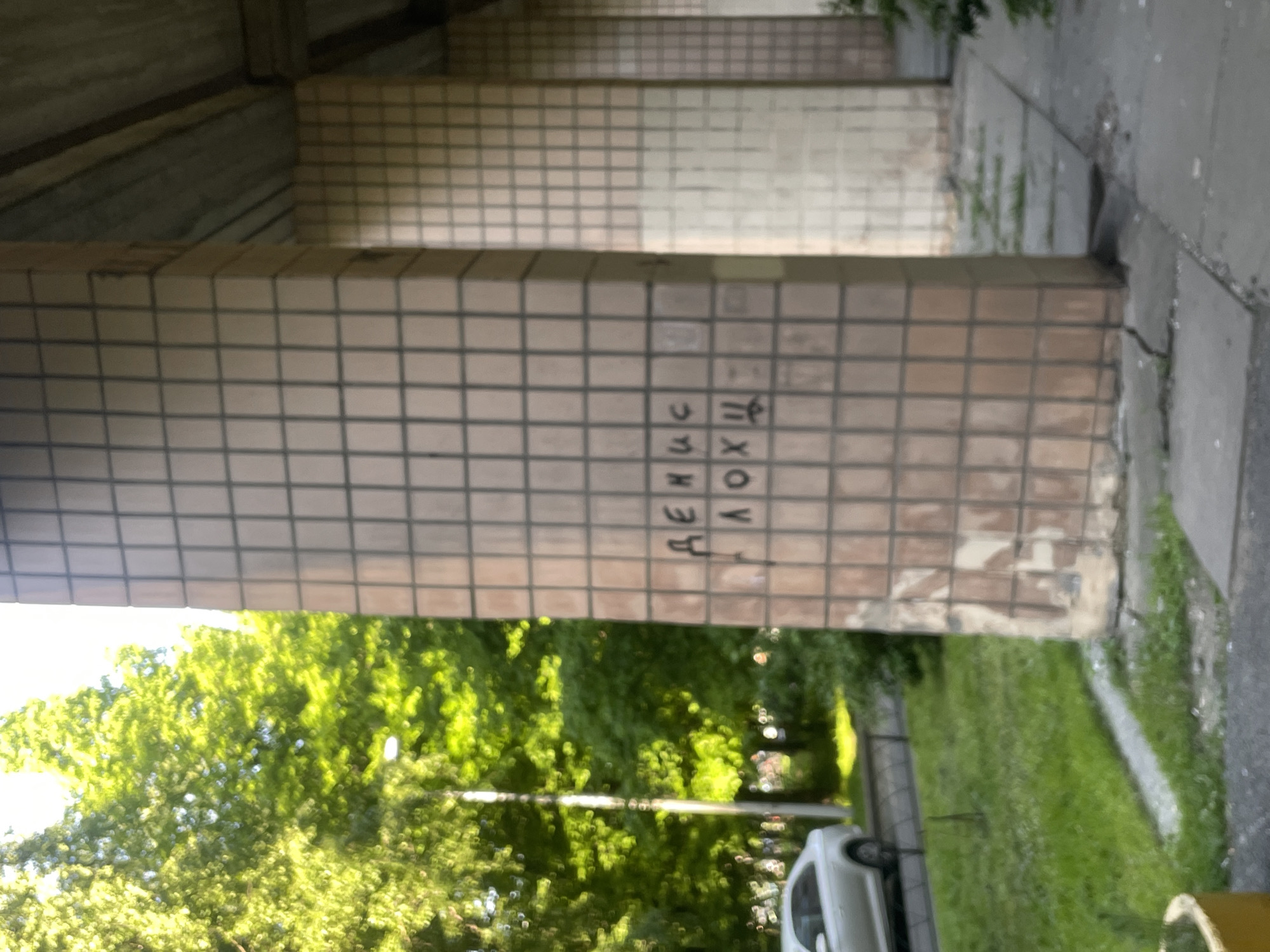 The photograph, rotated 90 degrees clockwise, captures an outdoor scene featuring prominent architectural elements and greenery. A large, light-colored column, covered in small square tiles, dominates the left side of the frame. On this column, black handwritten graffiti is visible, vertically oriented.
Behind this main column, additional tiled columns and a concrete ceiling structure are visible, suggesting an underpass, colonnade, or building entrance. To the right of the main column, vibrant green trees and foliage are brightly illuminated by sunlight, indicating a clear, sunny daytime. Below the trees, a patch of green grass extends towards the bottom right. A light-colored (likely white) car is partially visible, parked on a paved surface next to the grassy area. The ground on the far right also shows concrete or paved sections. The overall setting appears to be an urban or suburban outdoor space, likely during the day with bright sunshine. No people or direct activity are depicted.
The visible text on the column is in Cyrillic script and reads "ДЕНИС ЛОХ!!" which translates to "Denis is a loser!!" or "Denis is a fool!!".