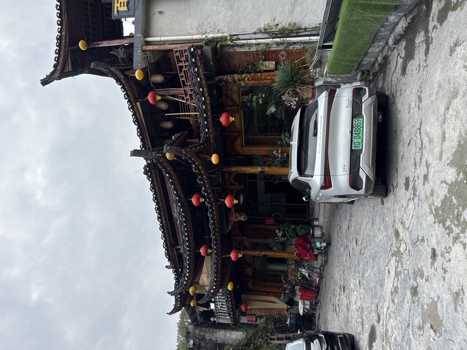 The image displays a traditional Chinese building under an overcast sky, located in Furong, China. The structure features multiple tiered dark tiled roofs with prominent, ornate wooden eaves and support beams. Red and yellow lanterns are suspended from these eaves across the facade. The building's lower level has a wooden exterior with large glass windows and a central entrance. A taxidermied bull or buffalo head is mounted above the main doorway. Potted plants and climbing vines adorn the entrance area and walls. To the right, a plainer, light-colored concrete section of the building is visible.

In the foreground, a paved ground surface with cracks and uneven patches is present. A light gray or silver BYD SUV, bearing a Chinese green license plate "D-D48869," is parked with its rear facing the camera, positioned slightly to the right of the center. The text "Build Your Dreams" is visible on its rear. To the left, the front section of a black vehicle is partially visible. Near the building's entrance, to the left, a small green electric scooter is parked. Other objects near the entrance include red wheeled bins, brooms, and assorted clutter. A low wall lined with artificial green turf runs along the right side of the paved area. No individuals are visible in the scene, and no actions or interactions are depicted.