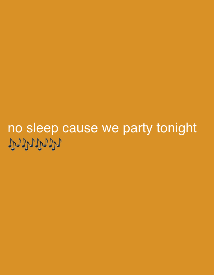 The image displays white text stating "no sleep cause we party tonight," centrally positioned on a uniform orange background. Below the text, a horizontal sequence of eight black musical eighth notes is present. The visual content is limited to this graphic overlay, providing no environmental context, geographical indicators, or architectural features that would allow for the identification of a specific physical setting such as the city of New Stadium, Nigeria. No human figures, subjects, or objects beyond the text and musical notes are depicted, and no actions or interactions are discernible within the static graphical composition.