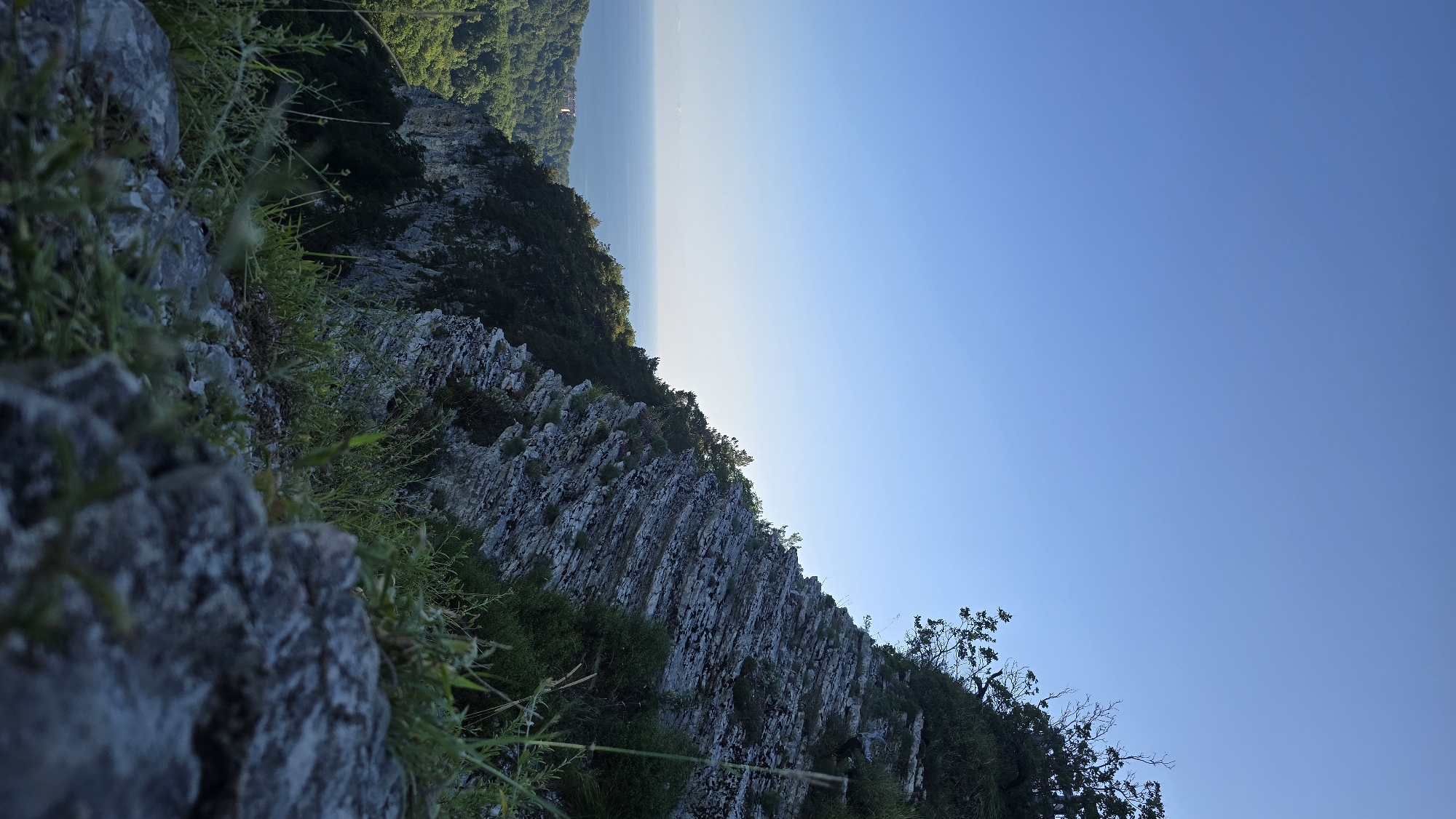An outdoor, eye-level, vertical shot captures a panoramic view from a rocky cliff overlooking a lush green valley and the sea under a clear blue sky. The foreground features coarse, grey rocks and sparse green vegetation. The mid-ground is dominated by a steep, layered rock face with dark green trees and bushes growing along its edges. Beyond the cliff, the landscape transitions into a verdant valley filled with trees, with a glimpse of a light-colored building on the distant hillside. The background showcases a tranquil expanse of the sea meeting the horizon. This scene is situated in the Khostinskiy district of Russia.