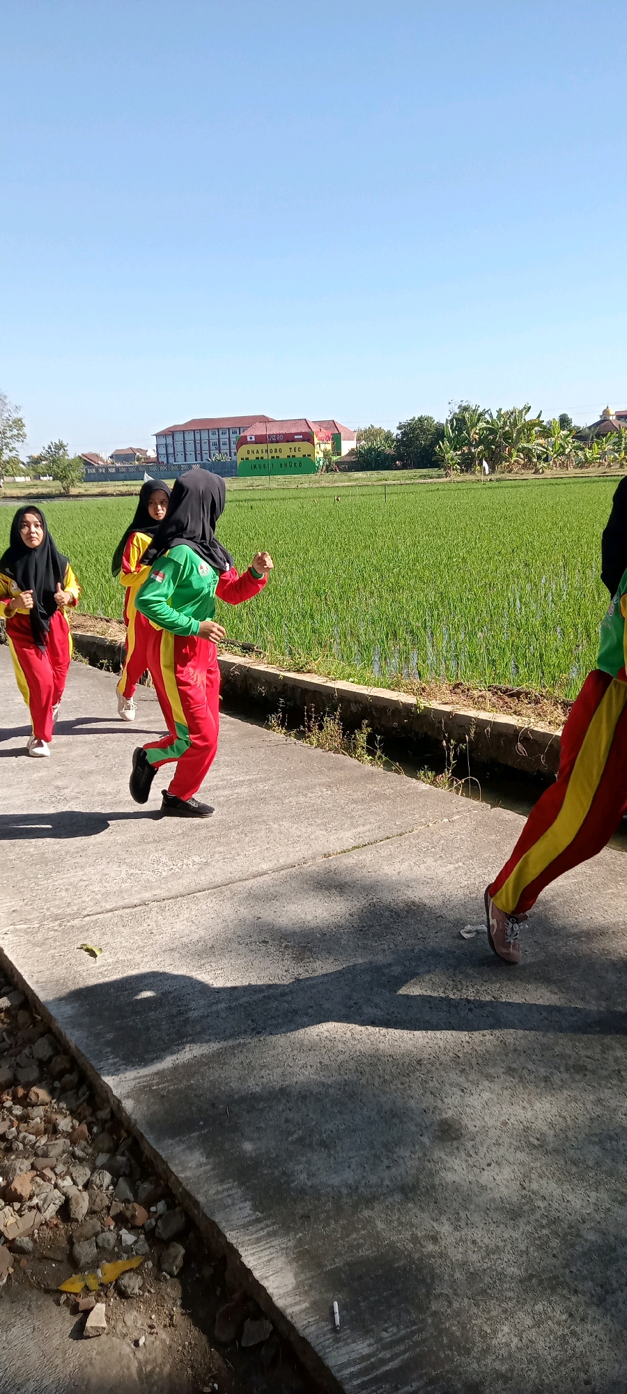 The image depicts a group of four young women wearing athletic attire and hijabs, engaged in physical activity outdoors. Three women are visible in the foreground and midground, and a portion of a fourth is visible on the far right. They are all wearing similar red tracksuits with yellow and green accents. The woman in the center, facing towards the right, wears a green top with yellow and red striped pants and is captured in mid-stride, with her right arm raised. To her left, another woman, also in a green top and red pants with yellow stripes, is slightly behind her and also appears to be running. On the far left, a woman in a yellow top and red pants with yellow stripes is running, looking towards the viewer.
The setting appears to be an outdoor path next to a lush green rice paddy field. The field is vibrant and well-maintained, indicating agricultural activity. In the background, there are buildings with red roofs, suggesting a village or school complex in the vicinity. The sky is clear blue, indicating a sunny day. The path itself is made of concrete and shows some cracks and wear. There are shadows cast on the path, suggesting the sun is at an angle. The environment is rural, characterized by the rice fields and the clear sky. The specific location is identified as Begajah, Indonesia.
