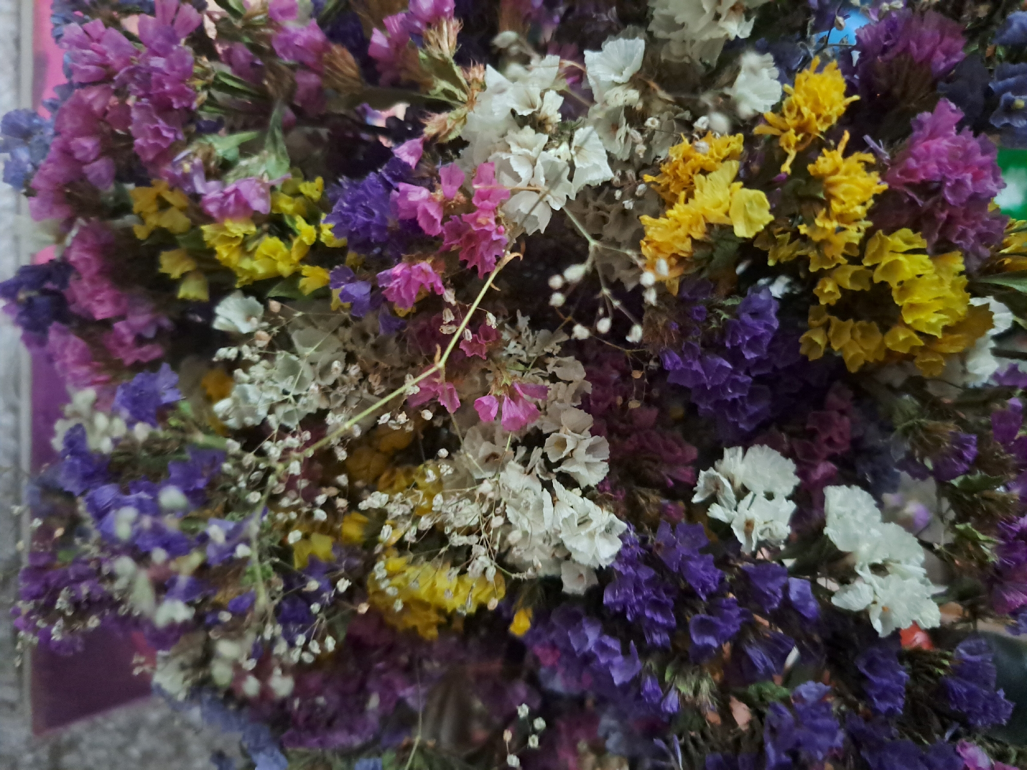 The image shows a close-up view of a bouquet of dried flowers. The flowers are small and clustered together, with a variety of colors including purple, pink, yellow, and white. The bouquet appears to be held or placed in a way that obscures any background details. The lighting is natural and somewhat diffuse, creating soft shadows and highlighting the textures of the dried petals. There is no indication of any specific location in Vypasne, Ukraine, nor are there any people or actions depicted. The focus is entirely on the floral arrangement.