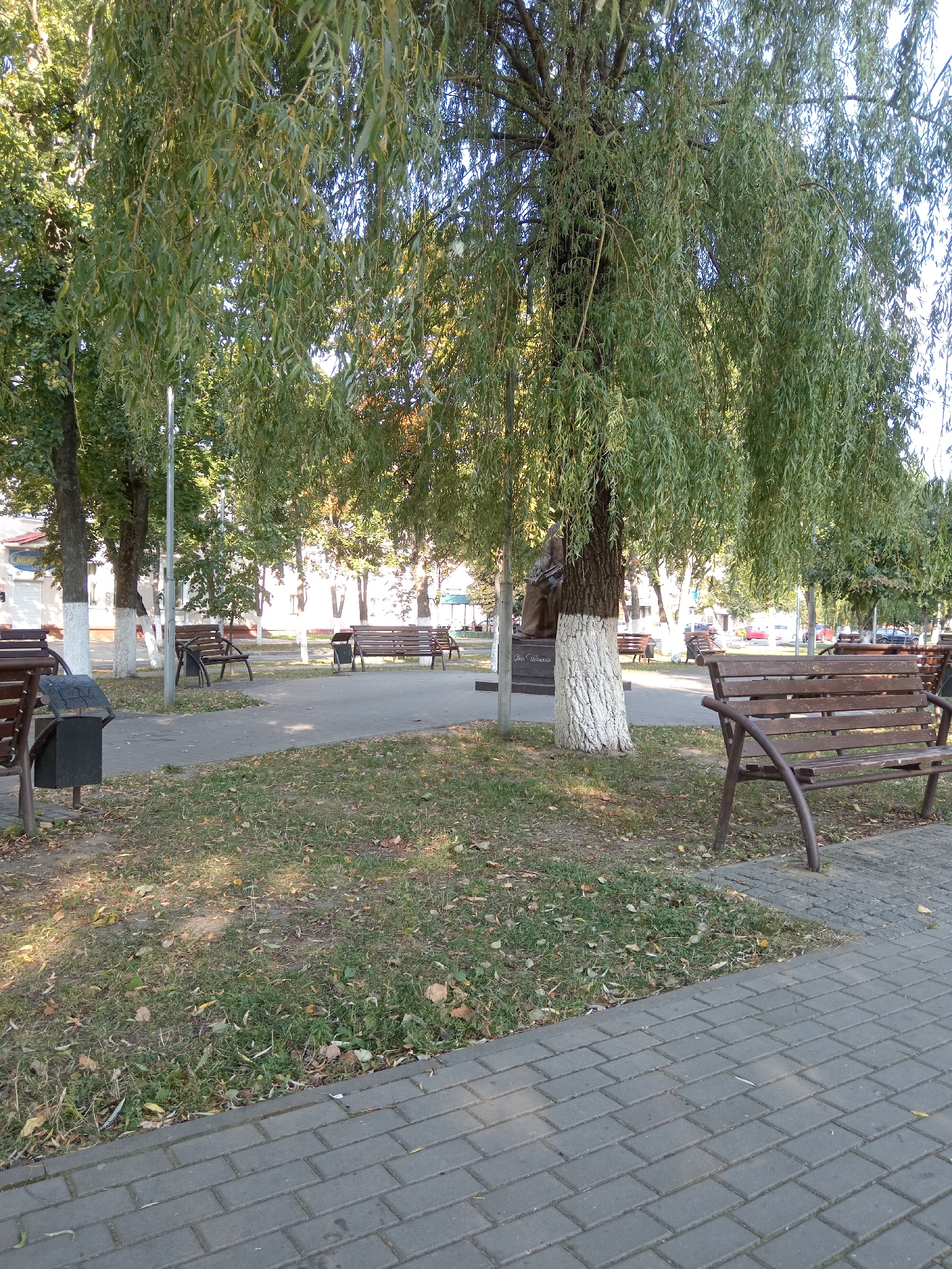 The image depicts a park setting in Dobrush, Belarus, bathed in the soft light of what appears to be late afternoon or early morning. A prominent weeping willow tree dominates the foreground, its long, slender branches cascading downwards, creating a natural canopy. Beneath the willow, a weathered brown park bench with a metal frame offers a place to rest. To the left of the bench, a dark gray trash receptacle is visible.
The ground is a mix of grass, fallen leaves, and a paved walkway composed of grey interlocking stones. In the middle ground, several more park benches are arranged, some with trash receptacles nearby, suggesting a public space designed for leisure. Beyond the benches, trees line the background, interspersed with buildings, one of which has a white facade and a sign with Cyrillic lettering. A lamp post stands between the willow tree and the middle ground benches. The overall atmosphere is serene and tranquil, indicative of a well-maintained urban park. There are no people visible in the image.