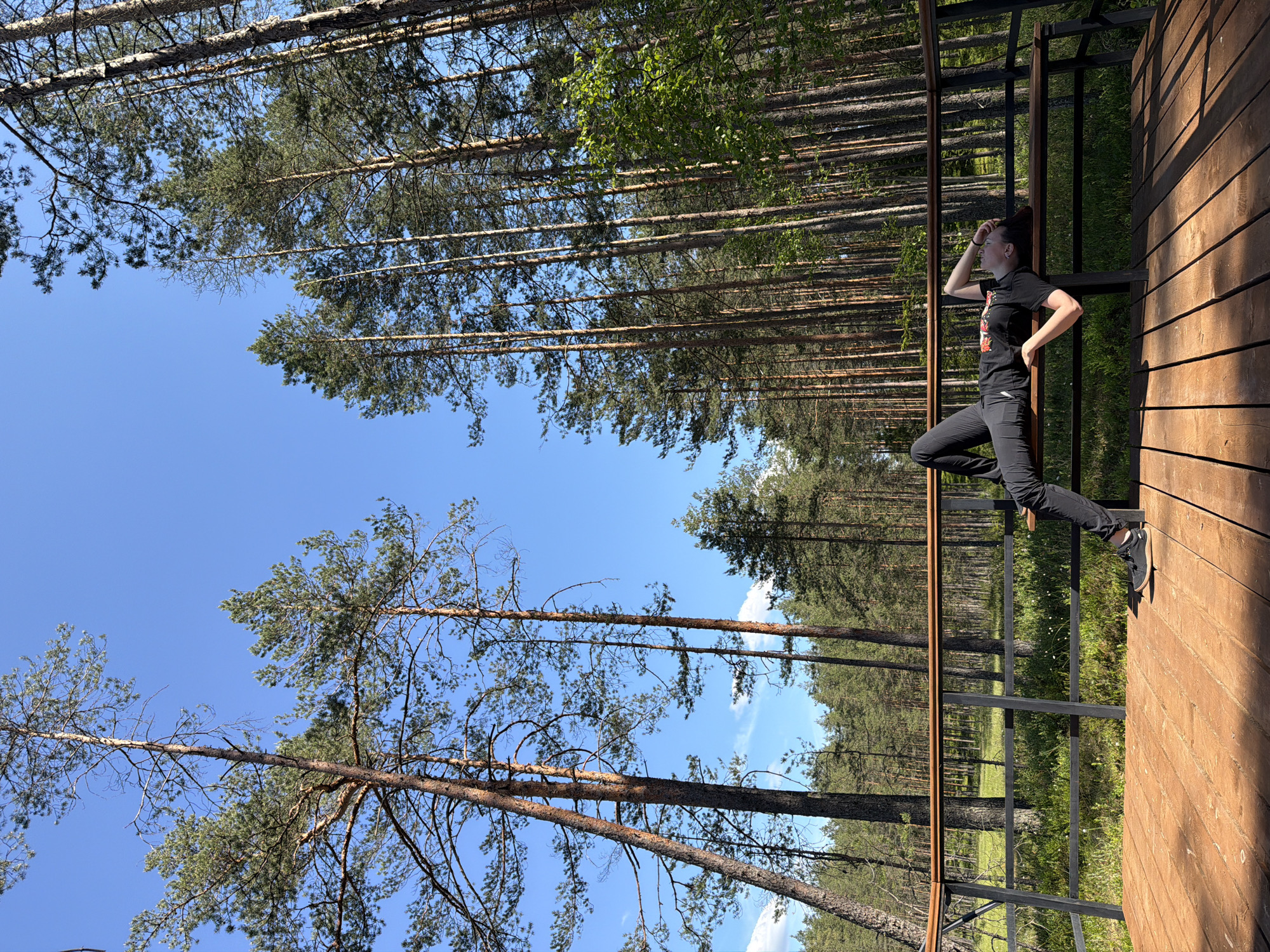 The image, oriented vertically, depicts a young woman standing on a wooden deck with a metal railing. She is wearing a black t-shirt with a colorful graphic and black pants, with black sneakers on her feet. Her hair is pulled back, and she is looking to her left with her left hand resting on her hip and her right hand near her forehead. The deck appears to be part of an elevated structure, possibly a balcony or platform, overlooking a dense forest of tall pine trees. The trees are characteristic of the Komarovo, Russia location, with their slender trunks and green needles.
The background is dominated by a clear blue sky, with a few wisps of white clouds visible. The lighting suggests it is daytime, likely mid-morning or afternoon, with the sun casting distinct shadows on the wooden deck. The overall scene conveys a sense of calm and relaxation, with the woman appearing contemplative or enjoying the natural surroundings. The forest setting is lush and green, indicating a warm season. The wooden texture of the deck is prominent, showing the grain of the wood. The metal railing provides a modern contrast to the natural environment. No visible text is present in the image.