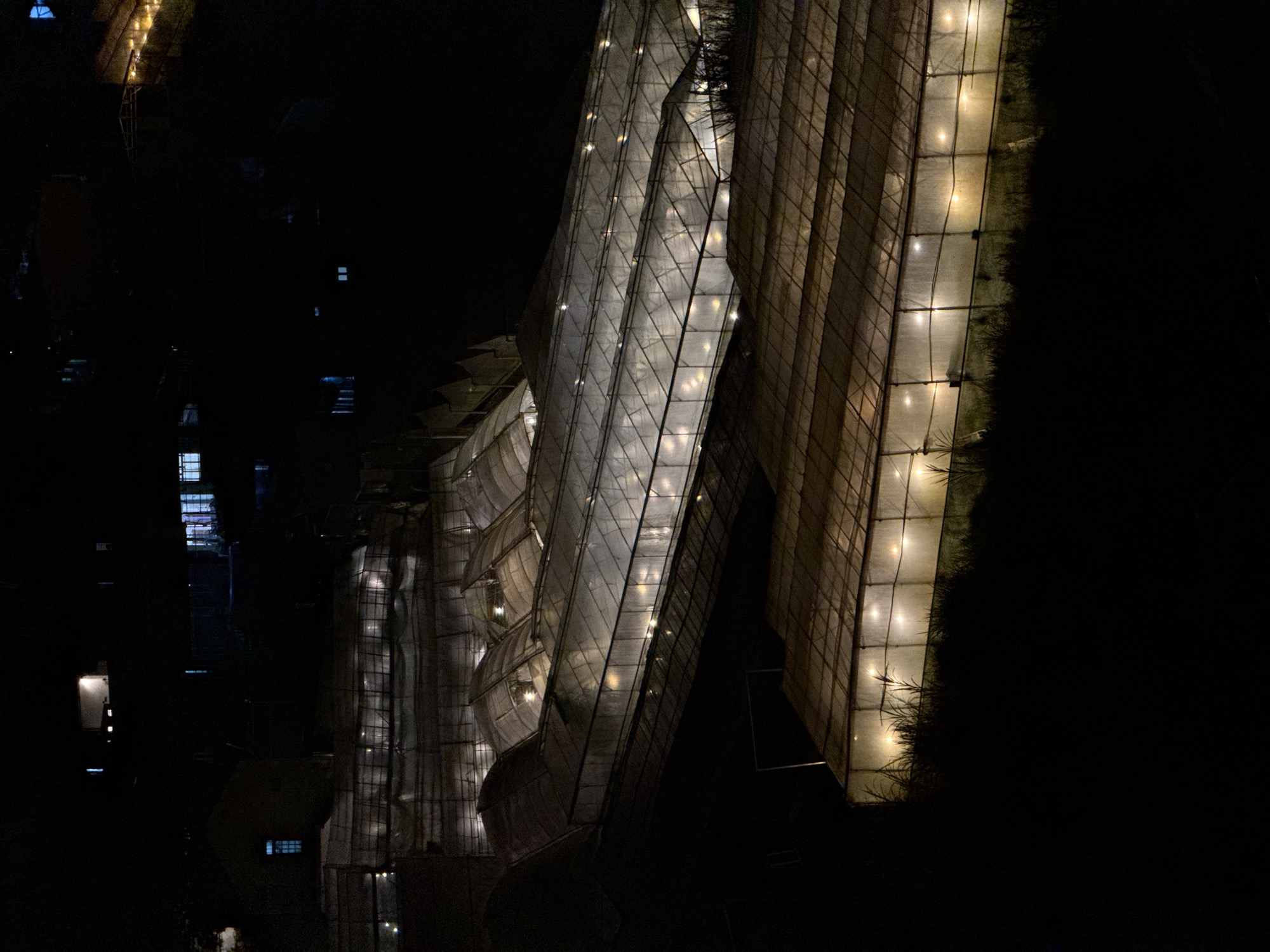 The image shows a nighttime view of the Hydropônico garden in Lâm Viên - Đà Lạt, Vietnam. The greenhouses are illuminated from within, revealing their structure. Adjacent buildings with lighted windows are visible in the background. The foreground is dark, with the silhouette of vegetation.