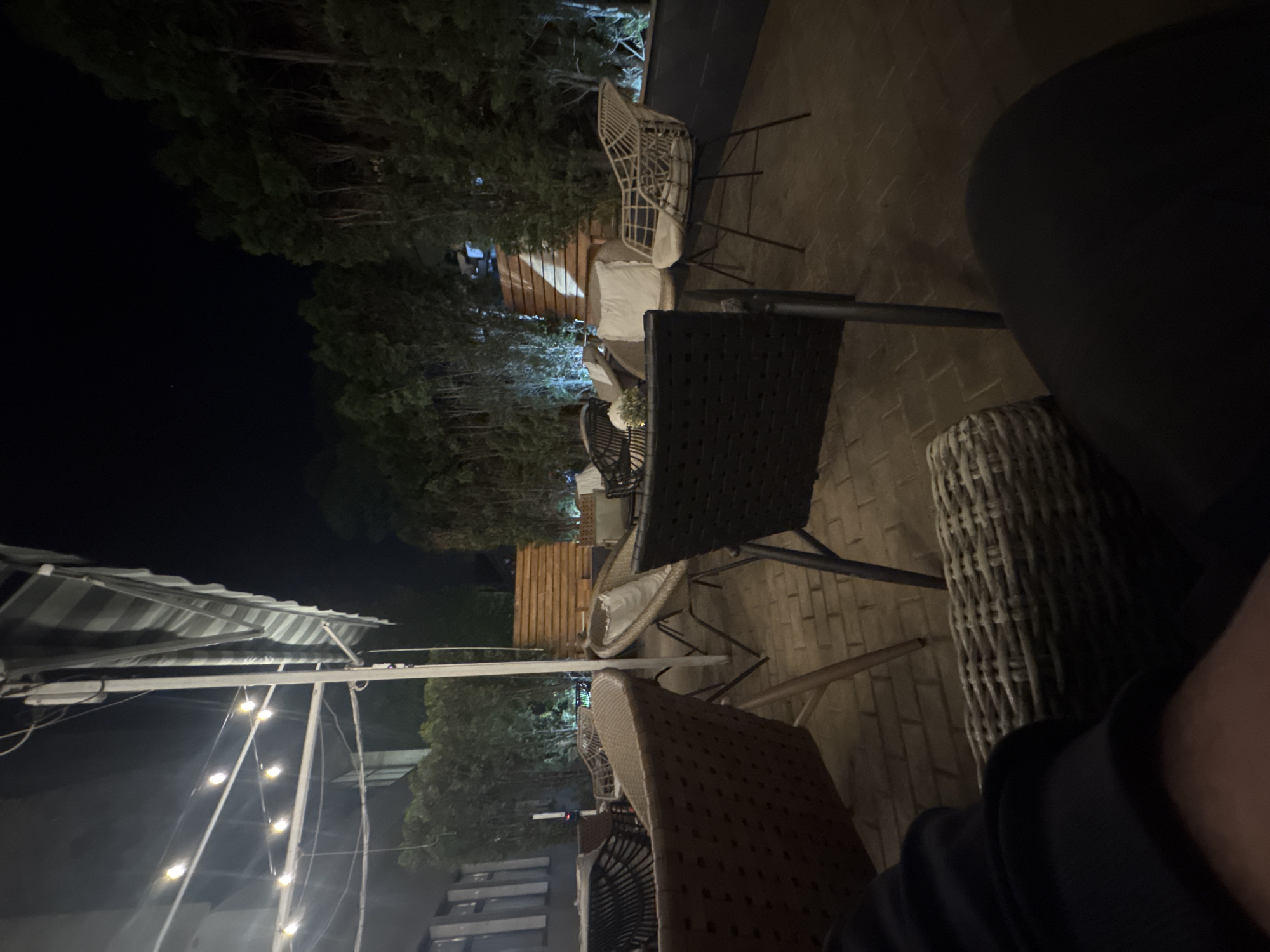 The image presents an outdoor seating area in Pleven, Bulgaria at night. Wicker chairs and tables are arranged on a patio. A partially visible individual in a dark outfit occupies one of the chairs, while string lights illuminate the scene. Trees and buildings form the background.
