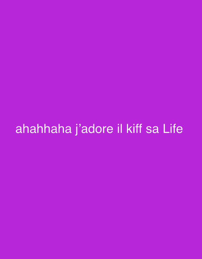The image displays a solid, vibrant purple background. Centered horizontally in the lower portion of the frame, there is white text written in a sans-serif font. The text reads: "ahahhaha j'adore il kiff sa Life". The phrase "ahahhaha" signifies laughter. "J'adore" is French for "I love" or "I adore". "Il kiff sa Life" is a colloquial, informal French expression, blending French and English, meaning "he's really enjoying his life" or "he's loving his life." The overall tone conveyed by the text is one of amusement and pleasure. There are no other discernible objects, people, or specific settings in the image.
