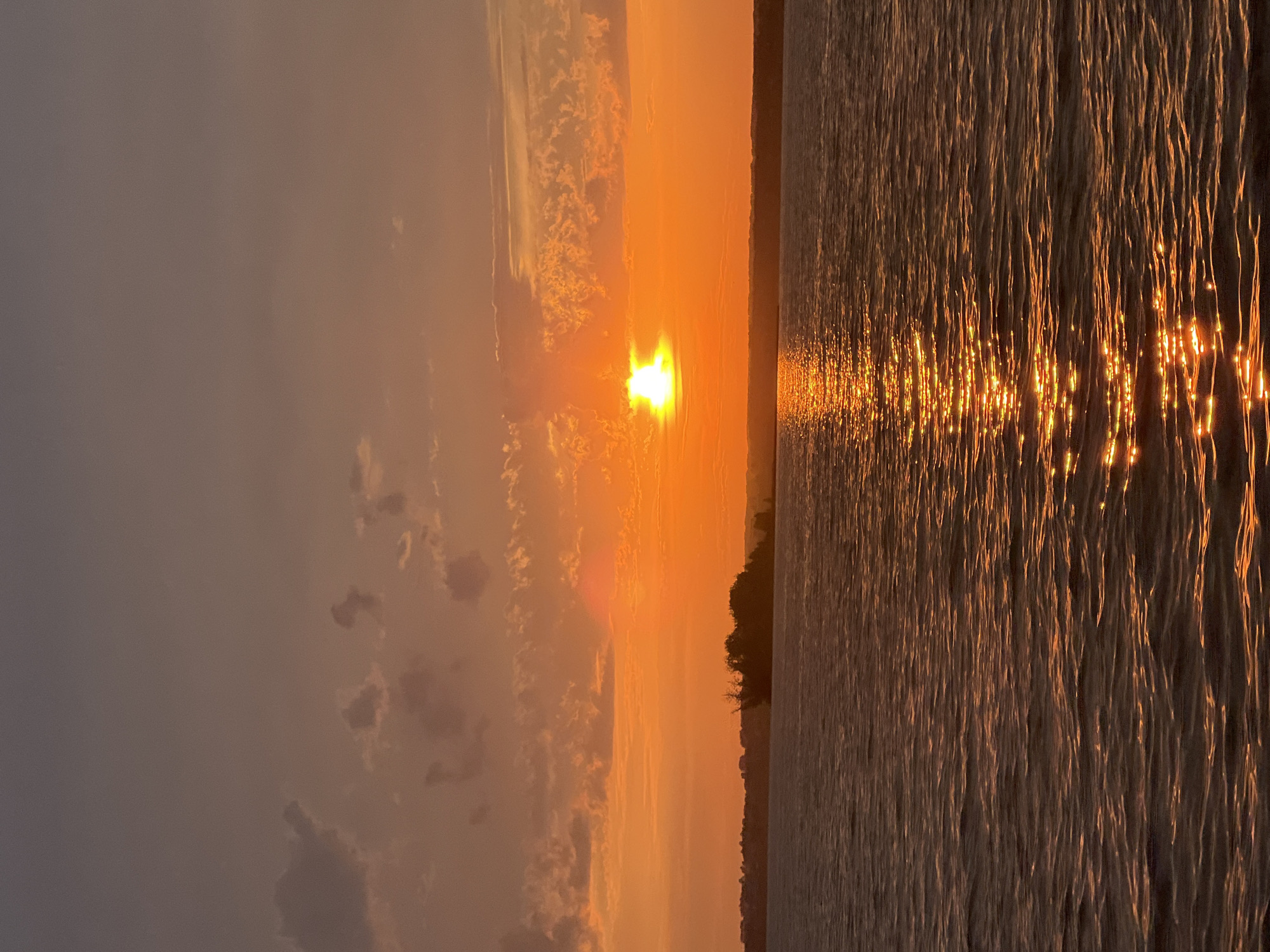 The image depicts a serene sunset over a body of water, possibly the sea or a large lake, near the city of Beregovoe, Russia. The sun, a bright orange orb, is partially obscured by the horizon, casting a warm, golden glow across the sky and the rippling water. The sky is a blend of vibrant orange and dusky purple hues, with scattered clouds tinged by the setting sun. In the distance, a silhouette of trees and a low-lying coastline is visible. The water's surface is animated by small waves, reflecting the sun's light in shimmering streaks. The scene is devoid of any people or specific structures, presenting a natural landscape at dusk.