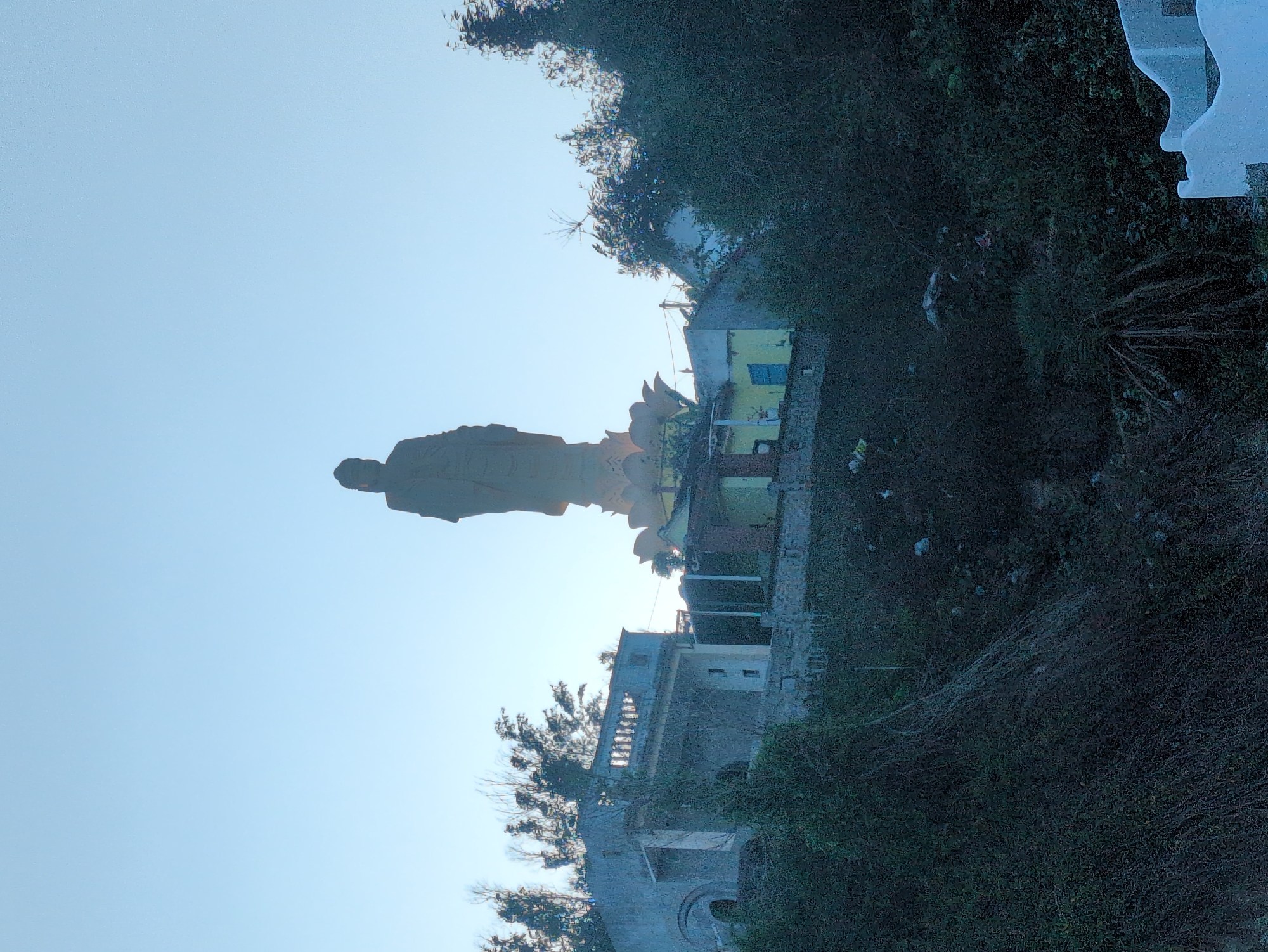The image depicts an elevated outdoor scene in East Quy Nhon Ward, Vietnam, under a clear, pale blue sky. Centered in the upper portion is a tall, light-colored standing statue, likely Avalokiteshvara, positioned on an illuminated lotus-shaped base. To the left and slightly below the statue, a multi-story, grey concrete building features an arched opening and a balustraded balcony on its upper level. A smaller, single-story building with yellow walls and a blue door is partially visible to the right of the statue's base. Dense, dark green foliage and trees cover the sloping terrain in the midground and foreground, partially obscuring the lower structures. A white, curved concrete structure is visible in the bottom right corner of the frame. The scene is devoid of human figures or discernible activity.