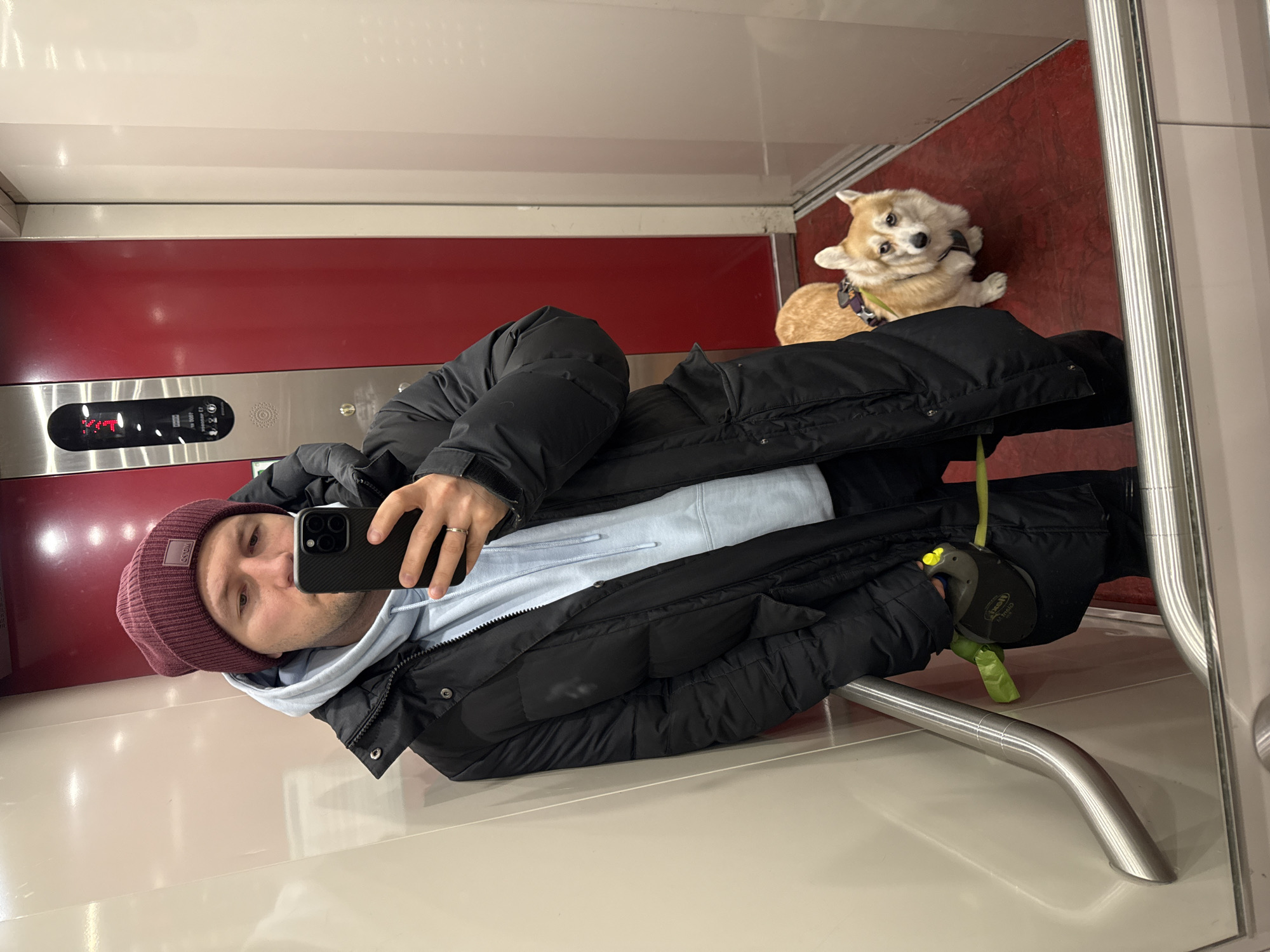 The image shows a person taking a selfie in an elevator. The person is wearing a maroon beanie, a light blue hoodie, and a black puffer jacket. They are holding a smartphone in their right hand. Beside the person is a small tan-colored dog wearing a harness, lying on the floor. The floor of the elevator is red. To the left of the person are elevator buttons. A metal railing runs along the bottom right of the elevator. The elevator is located in the city of Krasnoyarsk, Russia.