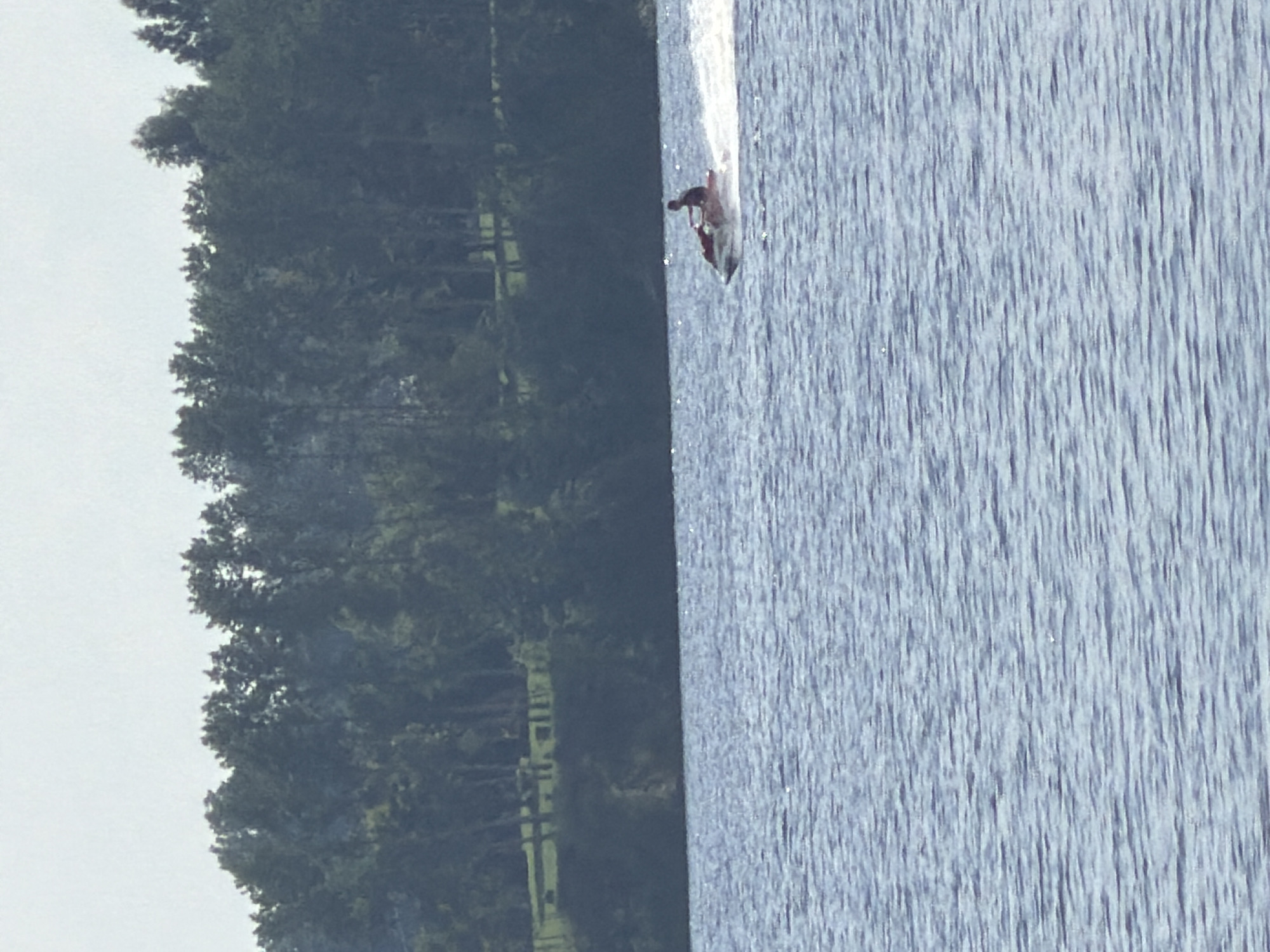 The image shows a wide body of blue water with ripples. In the middle distance, a person is riding a red and white jet ski, leaving a white wake. In the background, there is a green, tree-covered embankment. The sky is overcast and light gray. There is no identifiable landmarks to confirm the location in Saulkalne, Latvia.