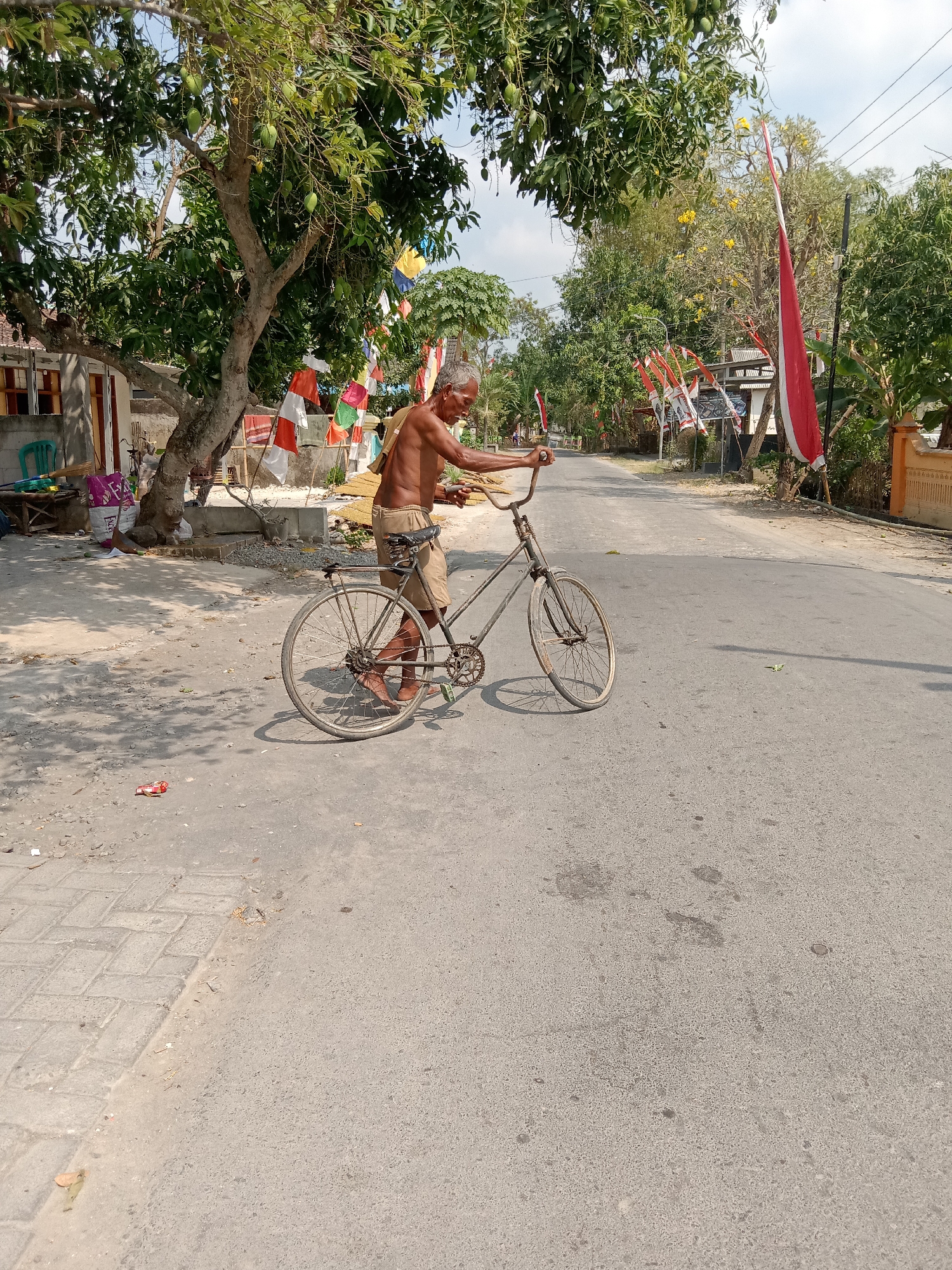 An elderly, shirtless man with grey hair is standing next to an old bicycle on a paved road in Sugihwaras, Indonesia. He is wearing tan shorts and has a bag draped over his shoulder. The man is holding onto the handlebars of the bicycle, and his left foot is on the pedal. The bicycle appears to be a vintage model with a basket on the front.
The scene is set in a rural or suburban area, with trees and houses visible in the background. Several Indonesian flags, red and white, are strung up along the road, suggesting a national celebration or event. The road is made of asphalt and has a lighter colored paved sidewalk on the left side of the image. The ground is dusty and scattered with leaves and some debris. The weather appears to be sunny, with shadows cast on the ground from the trees and the man.
