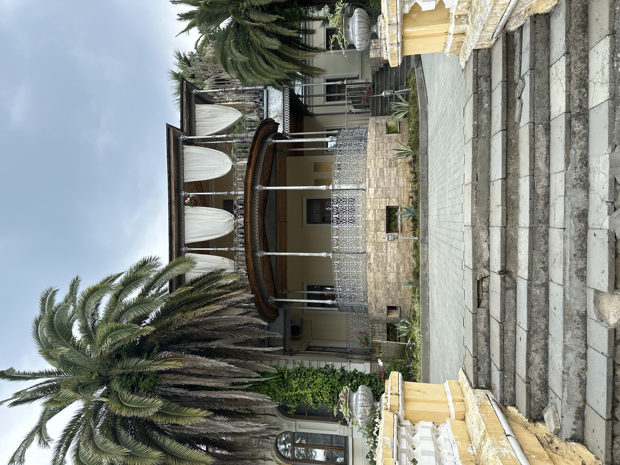 This is a medium-shot, eye-level photograph of the Grand Palace in Sochi, Russia. The palace is a large, yellow building with a red-tiled roof and a prominent balcony on the second floor. The balcony is adorned with white curtains and intricate metalwork. In front of the palace, there is a paved walkway with a set of worn stone stairs leading up to the building. Two large palm trees flank the entrance, their fronds obscuring parts of the building and the sky. The sky is overcast and the overall lighting is dim. There are no people or animals visible in the image. The scene appears to be calm and still.