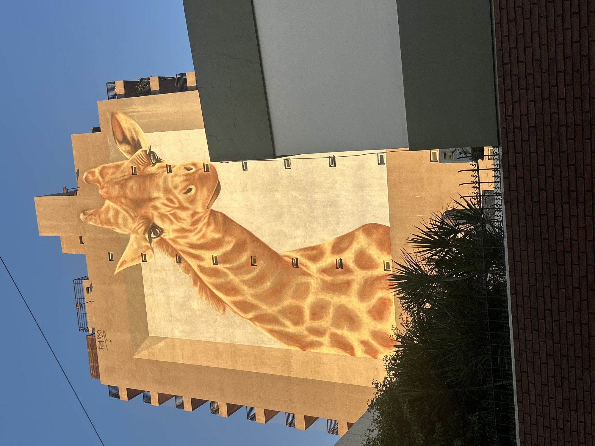 The image shows a tall, multi-story building in Buenos Aires, Argentina, featuring a large mural of a giraffe's head and neck painted on its side. The mural spans several floors and is visible against a blue sky. The building's architecture includes features like balconies and window openings that are integrated into the giraffe's design. Adjacent to the building, greenery and a brick wall are visible on the right side of the frame, partially obscuring the lower portion of the mural.