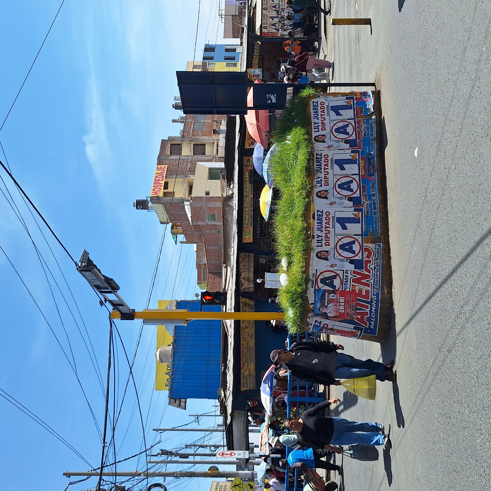 This media file captures a vibrant daytime street scene in José Luis Bustamante y Rivero, Peru, likely a commercial district or market area. The sky is bright blue with a few wispy clouds, and strong shadows indicate direct sunlight.
In the foreground, two men walk along the asphalt road; one carries a transparent yellow mesh bag. To their right, a long planter box, overgrown with green grass, serves as a divider from the roadside stalls. This planter is heavily adorned with political campaign posters, predominantly featuring "LILY JUAREZ DIPUTADO" (Lily Juarez, Deputy) with the number "A1" or "1". Other visible names on posters include "SENADOR Dr. Miguel Angel CHANI" and "PALOMINO la Doctorita del Pueblo", along with the text "ATENAS".
Behind the planter, a bustling sidewalk area is lined with small shops and stalls, many shaded by colorful umbrellas (blue, white, yellow, orange). One sign clearly reads "FRUTERIA PAQLITA VARIADAD EN FRUTAS Pedidos" (Fruit Shop Paqlita, Variety in Fruits, Orders). Various people are seen browsing or interacting near these stalls.
The background features multi-story buildings, characteristic of urban Peruvian architecture. One building prominently displays a "HOSPEDAJE" (Lodging) sign in red and yellow. Numerous utility poles and a dense network of overhead wires crisscross the frame, adding to the urban feel. A yellow traffic light pole shows a red light. Other visible signs include "PROHIBIDO BOTAR BASURA" (Prohibited to litter) and a "NO" sign (likely "no entry" or "no parking").