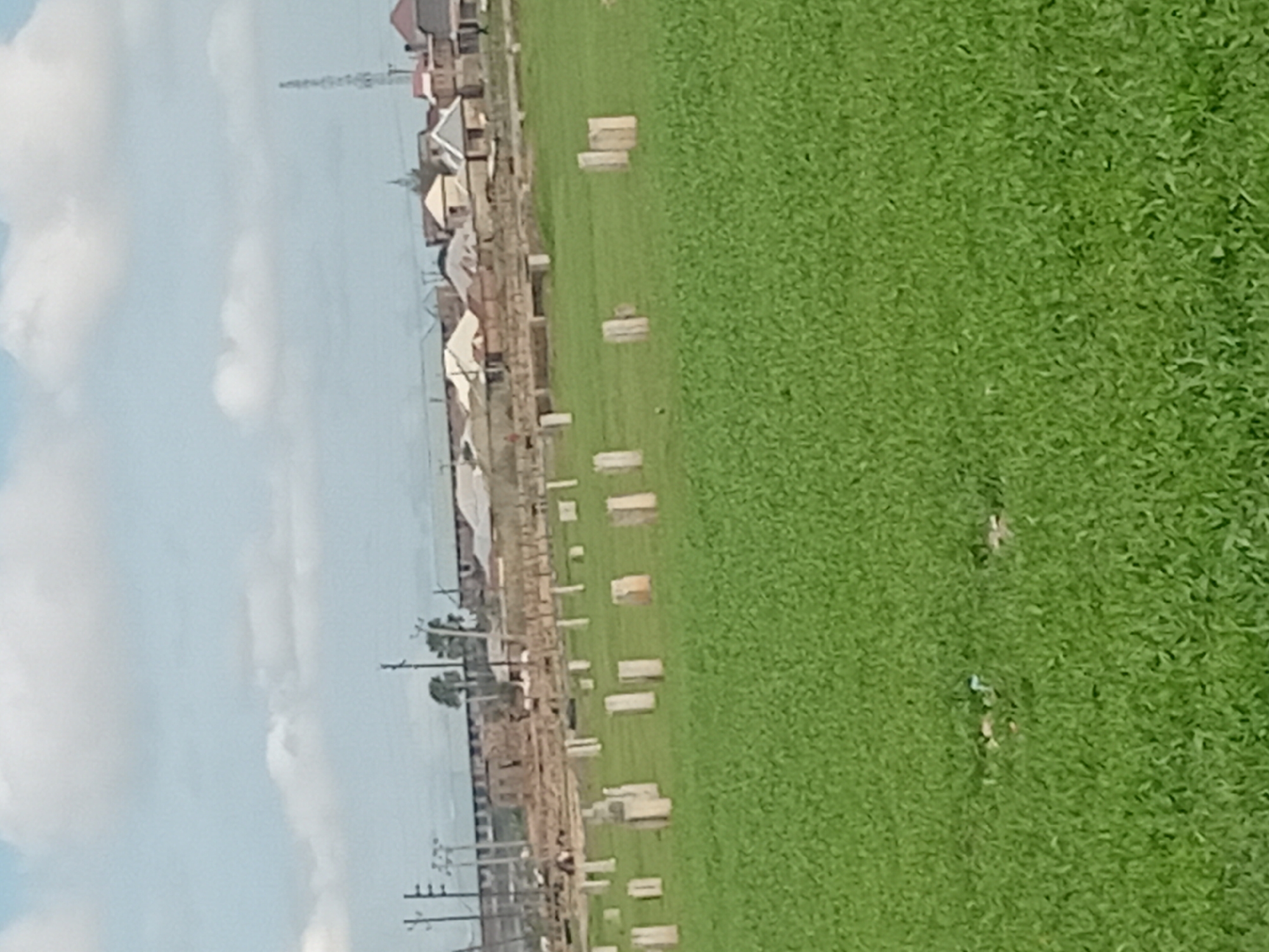 This is a photograph taken in Bukuru, Nigeria, depicting an undeveloped plot of land covered in green grass. The foreground is dominated by the lush grass, with scattered concrete pillars and posts strategically placed throughout the field, suggesting a potential construction site or boundary markers. In the middle ground, a line of buildings is visible, characterized by their corrugated iron roofs and varying architectural styles, indicating a developing urban or semi-urban area. Further in the background, power lines and a tall transmission tower can be observed against a cloudy sky. The overall scene conveys a sense of ongoing development within a natural landscape.