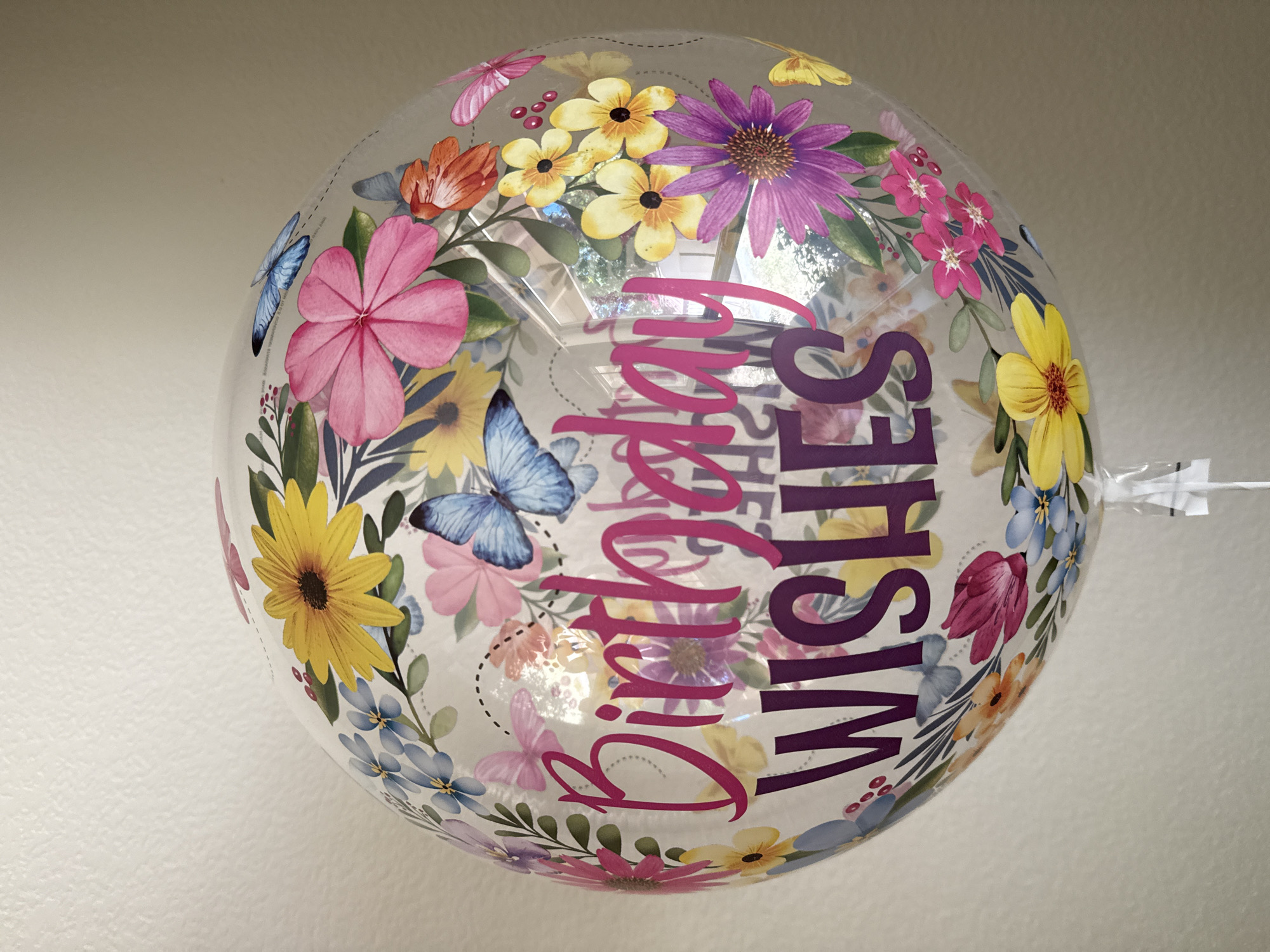 A clear, round balloon with a floral and butterfly design is pictured. The text "Birthday Wishes" is printed in pink and purple letters across the center of the balloon. The balloon is transparent, allowing the background to be seen through it. The background appears to be a lightly textured wall, with some reflection from a window visible. The balloon is suspended by a clear ribbon at the bottom. The image is cropped to focus on the balloon, with a portion of the wall visible above and to the sides. The location is West Sacramento, United States of America.