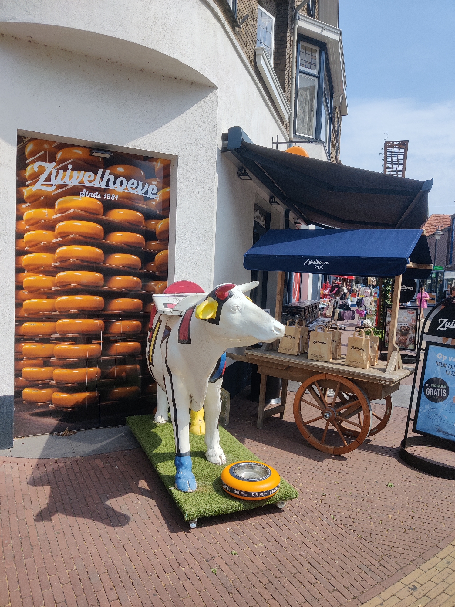 The image shows the exterior of a shop named "Zuivelhoeve" in Winterswijk, Netherlands. The shop's large window displays stacks of round cheeses. In front of the window, a white, cow-shaped statue with colorful painted details stands on a green mat. To the right of the cow statue is a wooden cart with wheels, displaying paper bags labeled "Zuivelhoeve" and a selection of bags and purses. Above the cart is a blue awning with the shop's name. A sign with the text "WIJ VACUMEREN GRATIS" is visible to the right of the cart. The ground is paved with reddish-brown bricks. The scene is outdoors under a bright, sunny sky.