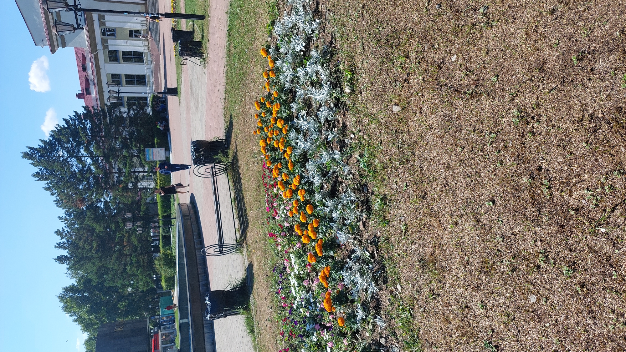 The image shows a sunny day in a park in Komsomolsk-on-Amur, Russia. In the foreground, there is a flowerbed with bright orange marigolds and other colorful flowers, bordered by silvery-leaved plants. Behind the flowerbed, there is a metal bench with decorative circular ends, flanked by black trash receptacles. The ground in front of the bench is paved with reddish-brown bricks, and beyond that is a fountain with a dark rim. In the middle ground, two people are walking on the paved area. One person is wearing a black t-shirt and shorts, and the other is wearing a blue jacket and pants. In the background, there are tall evergreen trees, a building with a red roof and white facade, streetlights, and more people in the distance. The sky is clear blue with a few white clouds. The overall scene depicts a pleasant urban outdoor space.