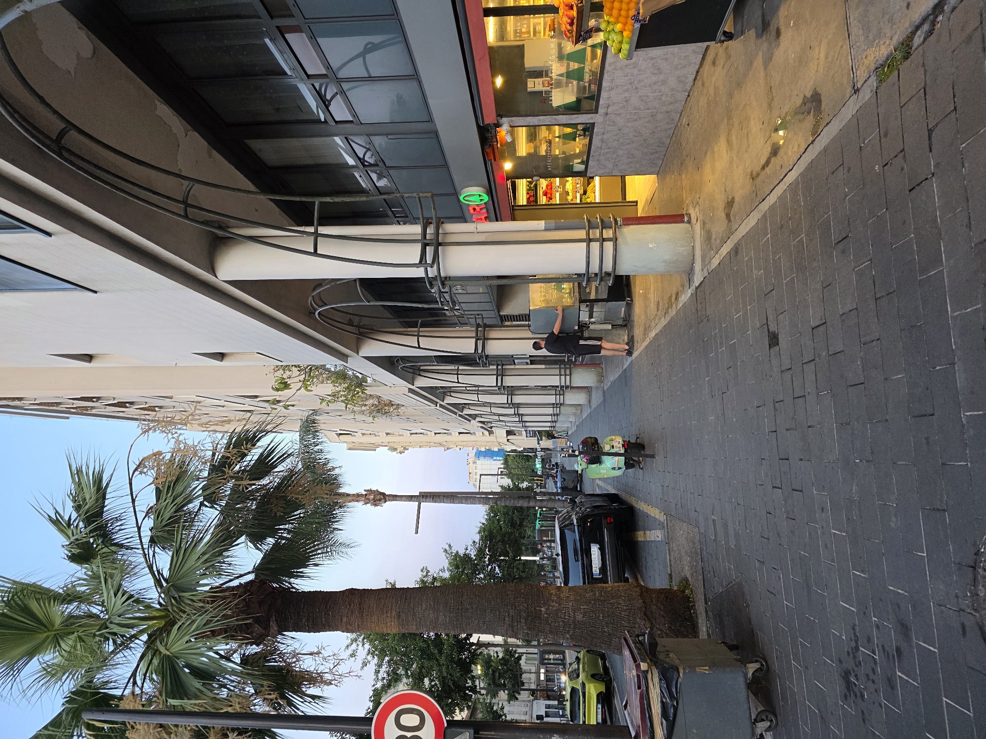The image depicts a sidewalk scene in Nice, France, along a street lined with buildings and palm trees. In the foreground, a paved sidewalk is visible, with a large gray trash bin on the left. A black SUV is parked on the street, and a light green scooter is parked on the sidewalk behind it. A person wearing a black t-shirt and shorts stands near an ATM machine outside a shop. The shop has a sign that reads "FRUITS & LEGUMES". Beyond the immediate area, there are more trees, buildings, and streetlights. The sky is clear and a light blue, indicating it is likely late afternoon or early evening. A "30" speed limit sign is visible on a pole to the left.