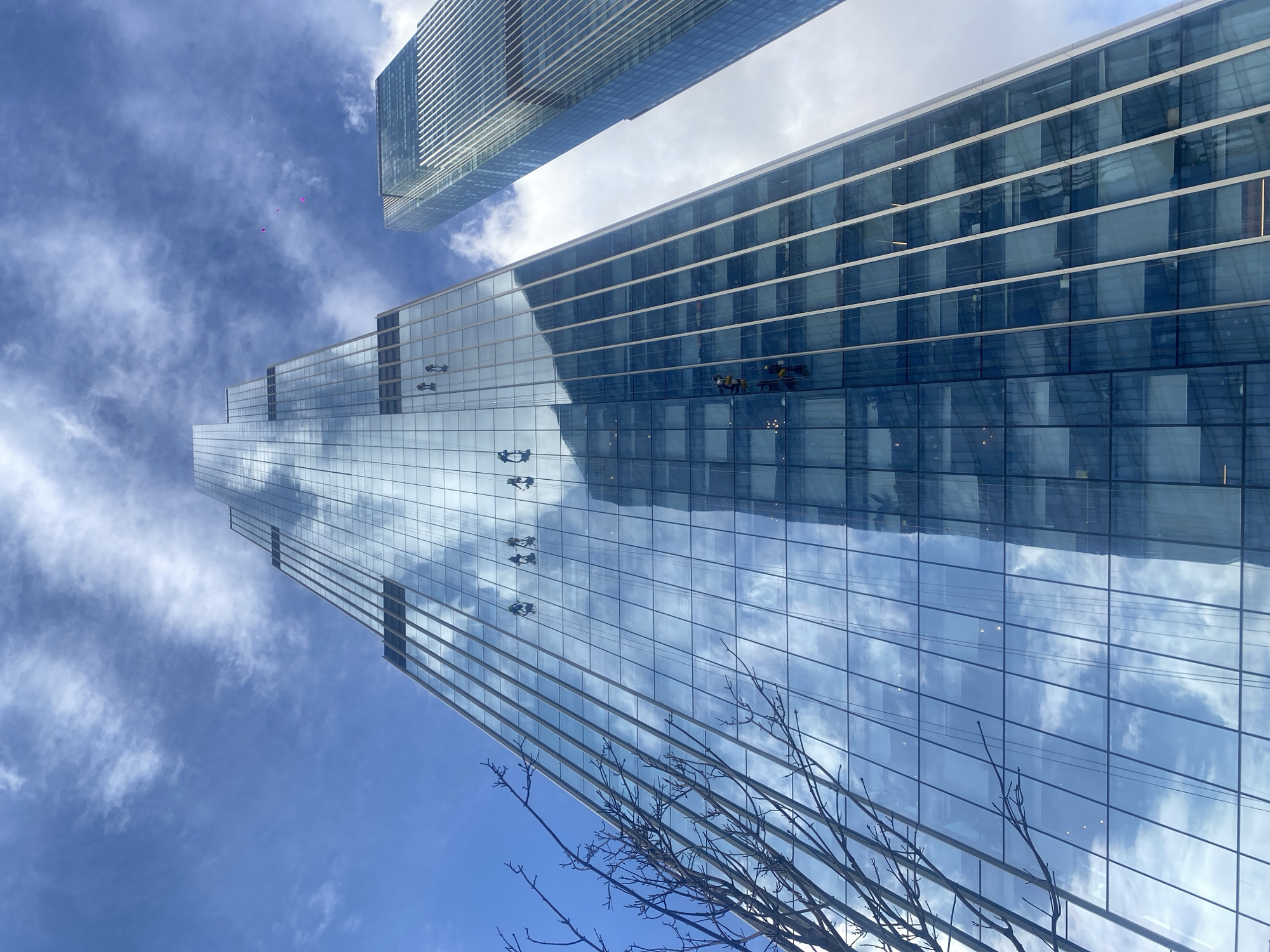The image presents a view looking up at two modern skyscrapers against a partly cloudy sky. The primary focus is on the skyscraper on the right, which features a glass facade reflecting the sky and clouds. Several figures are visible on the side of this building; these are window washers suspended on platforms. A bare tree branch intrudes into the lower right corner of the frame. The second skyscraper is visible at the top left. The location, Khimki, Russia, is not readily evident from the visual information in the image alone.