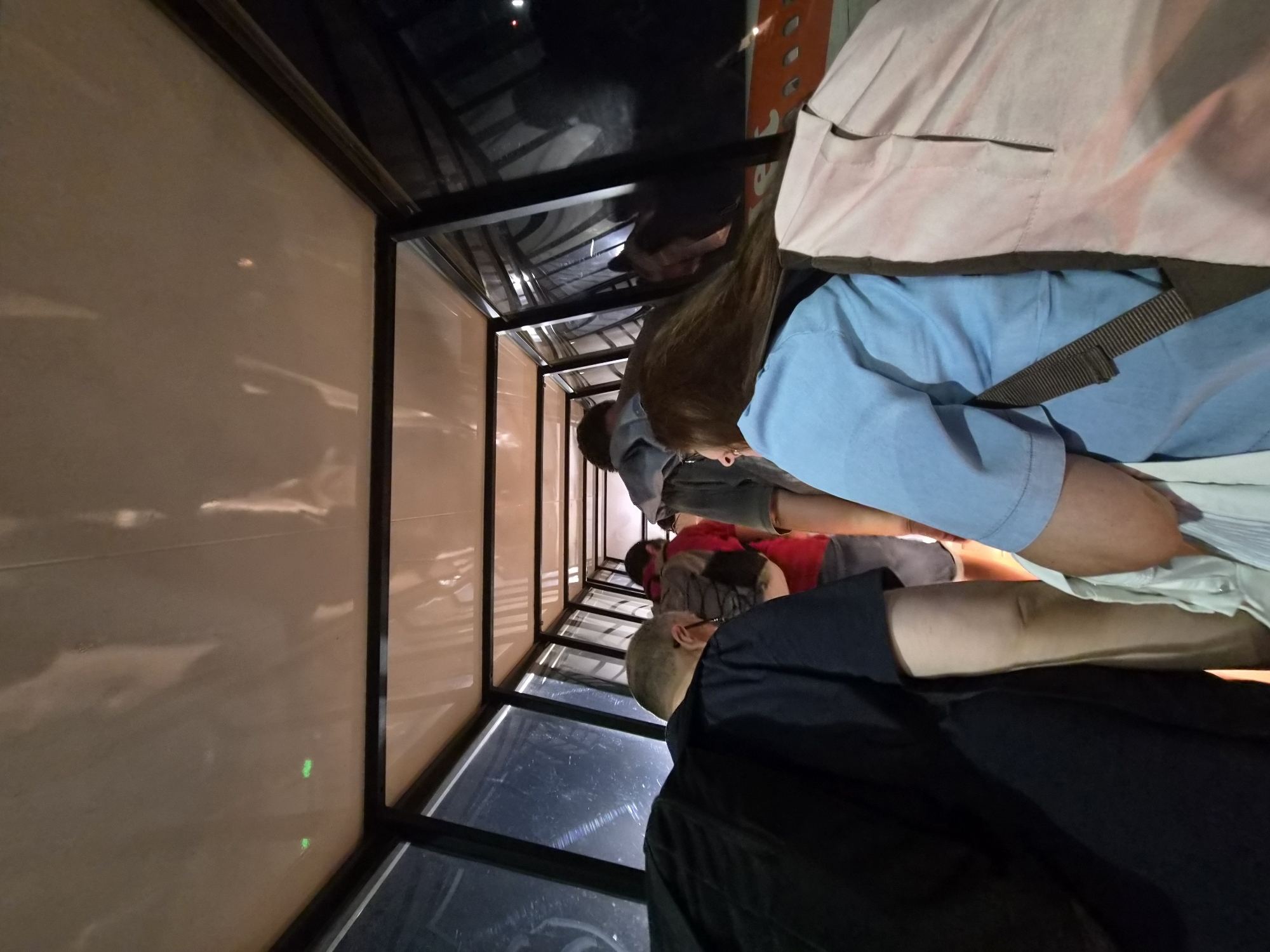 The image shows a group of people walking through an enclosed walkway, likely an airport jet bridge or a covered walkway at an event. The walkway has transparent sides with dark frames and an illuminated ceiling. In the foreground, a person in a blue shirt is facing away from the camera, carrying a pink bag over their shoulder. To their left, another person in a dark shirt is also facing away, wearing a backpack. Further down the walkway, other individuals are visible, some wearing red and gray shirts. The lighting is dim, with the ceiling providing most of the illumination, and the exterior appears to be dark. There are green lights visible on the ceiling in the distance. The overall scene suggests movement and transit. The location is identified as Niederanven, Luxembourg, likely at the airport.