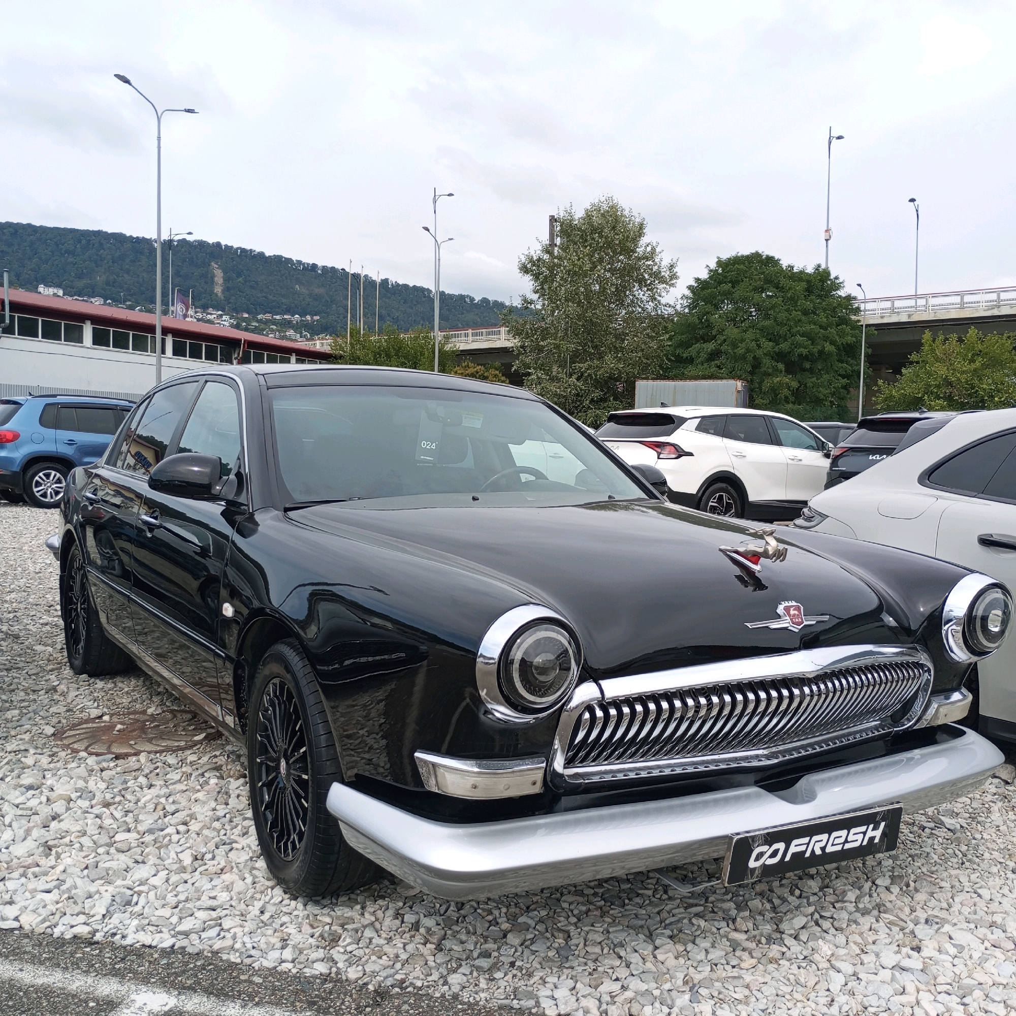 A black vintage car, identified as a GAZ-21 Volga, is parked on a gravel lot in an outdoor setting. The car features a prominent chrome grille, round headlights, and a chrome bumper with a "GO FRESH" license plate. A deer ornament is visible on the hood. In the background, other modern vehicles, including white SUVs, are parked. Beyond the vehicles, a building with a red roof and large windows is visible, as well as trees and a hillside. In the far distance, a bridge and a cloudy sky are present. The scene is consistent with an outdoor car exhibition or dealership. While the exact location in Sochi, Russia is not explicitly stated, the presence of the building, hillside, and bridges suggests an urban or suburban environment within the city. There are no people visible in the image.