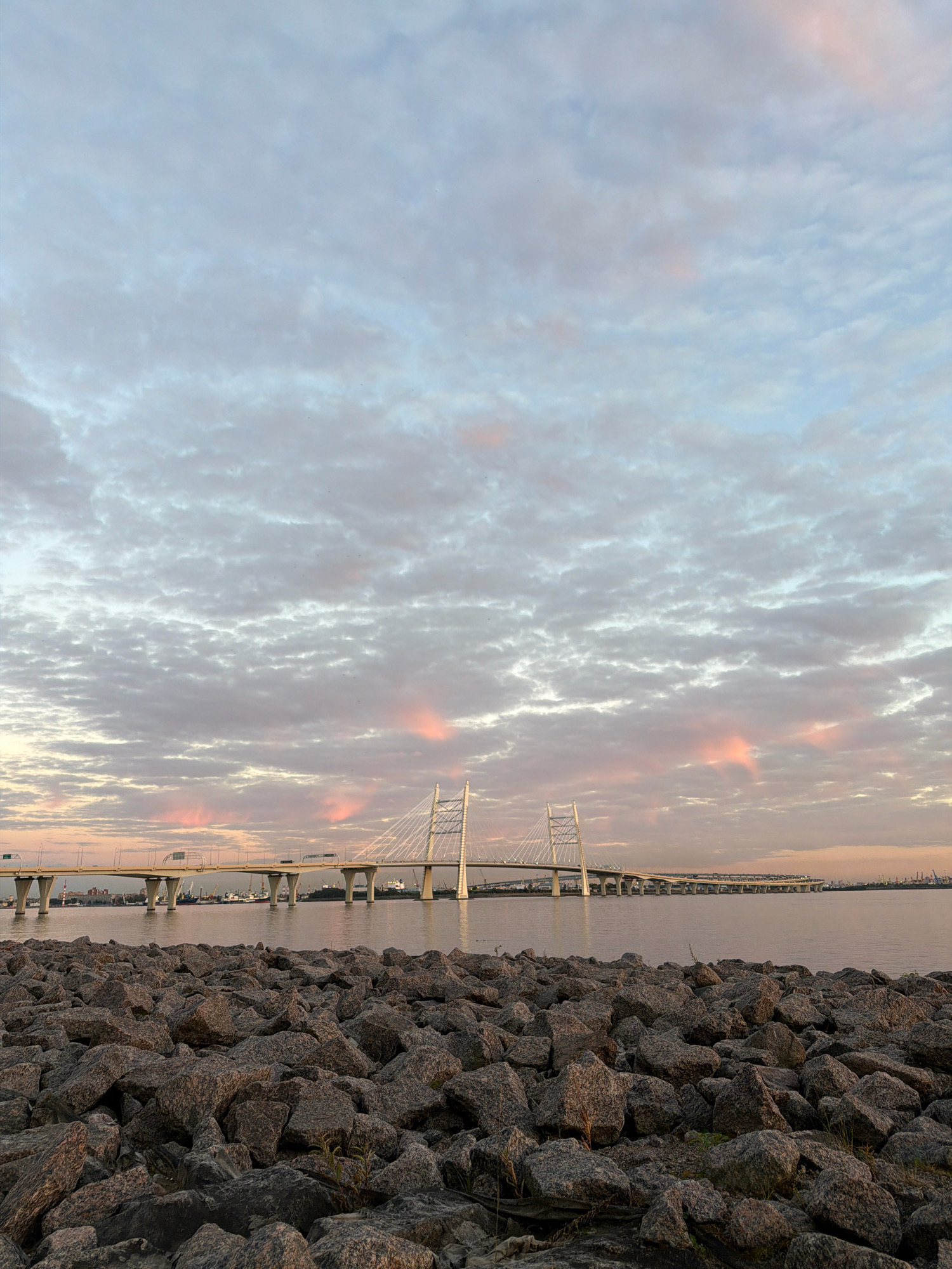 The image depicts a wide-angle view of a cable-stayed bridge spanning a body of water, likely the Neva River in Saint Petersburg, Russia, during sunset. The foreground is dominated by a rocky embankment, with numerous large, rough-hewn stones in shades of gray and brown. In the midground, the expansive, calm water reflects the soft, diffused light of the setting sun. The bridge, a prominent structure, features multiple concrete piers supporting a roadway lined with streetlights. Vehicles are visible on the bridge. The background shows a distant city skyline with industrial elements, including cranes and ships, and the sky above is filled with a textured blanket of clouds, tinged with pale pink and orange hues from the sunset. The overall scene is serene and showcases urban infrastructure against a natural, atmospheric backdrop.