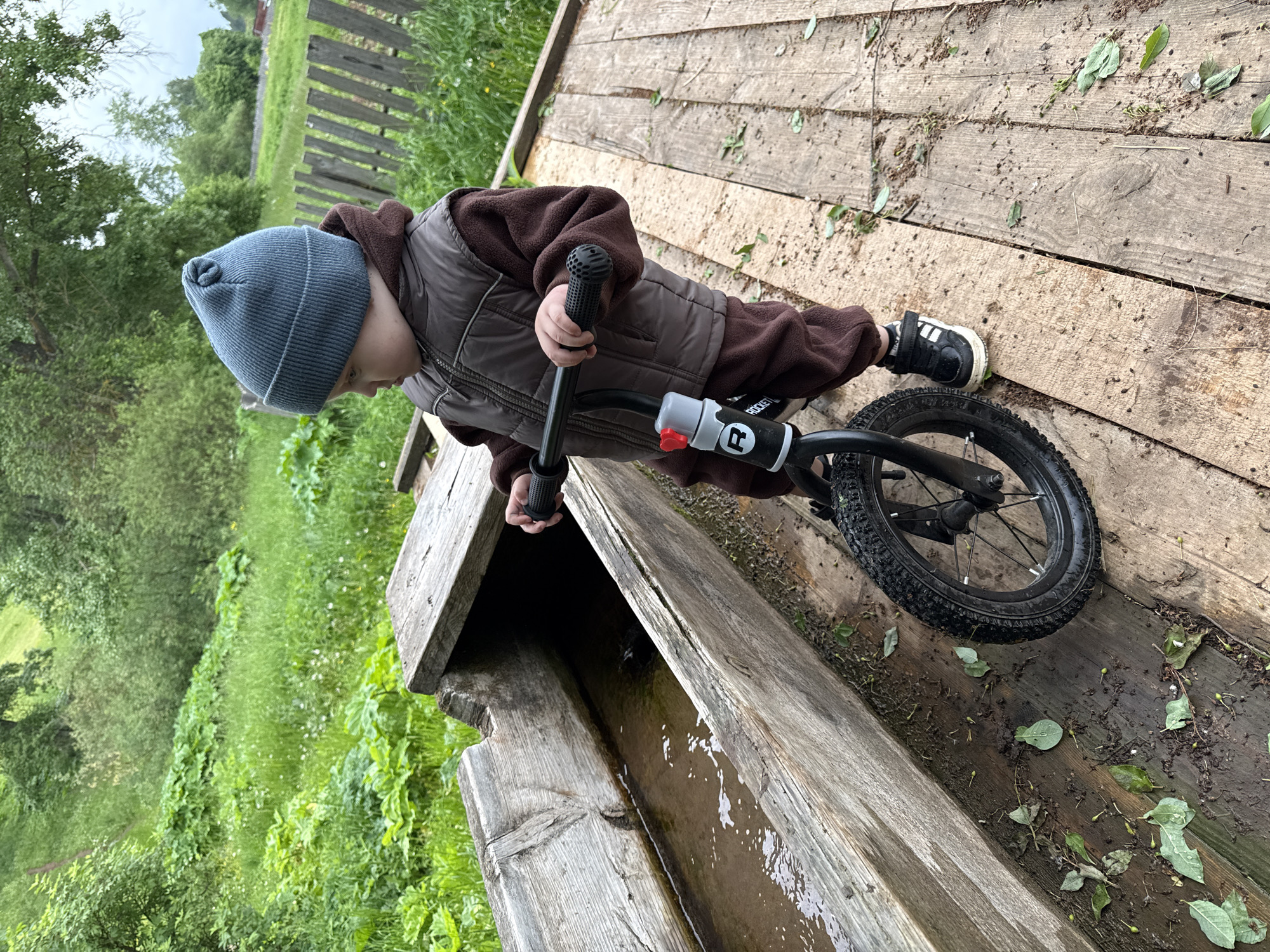 The scene depicts a young child on a balance bike next to a wooden water trough in an outdoor, rural setting in Ляльшур, Russia.
A toddler, estimated to be between two and four years old, is positioned centrally in the frame, astride a black balance bike. The child is wearing a ribbed knit beanie of a desaturated blue color. Beneath the beanie, they have a brown long-sleeved fleece garment, possibly a jumpsuit, over which a dark brown padded vest with a front zipper is worn. Black athletic shoes with white soles and white hook-and-loop fasteners are on their feet. The child's head is turned to the viewer's left, looking downwards towards the water trough. Both hands grip the black rubber handles of the balance bike, which features a red clamp or cap near the handlebars and a white cylindrical element with a black 'R' logo on the front frame, with the word "ROCKET" partially visible below it. The bike has black tires with a prominent tread pattern.
To the left of the child, a long, weathered wooden trough or channel extends from the foreground into the mid-ground. The trough contains a shallow volume of murky brown water with visible ripples and reflections. The wooden structure exhibits signs of age and exposure, including varied grain patterns and some dark staining or moss.
The child and the balance bike are standing on a surface constructed from multiple parallel wooden planks. These planks are discolored, stained, and covered with scattered organic debris including small green leaves, twigs, and dark specks.
The background is dominated by lush green vegetation. Directly behind the trough and extending across the upper left and center, a dense growth of green grass, large-leafed plants, bushes, and trees is present, indicating an overgrown area or hillside. In the mid-ground on the right, a rustic wooden fence made of vertical slats is partially visible. The sky is overcast and light grey, suggesting a cloudy day, and illuminates the scene with soft, diffused light.