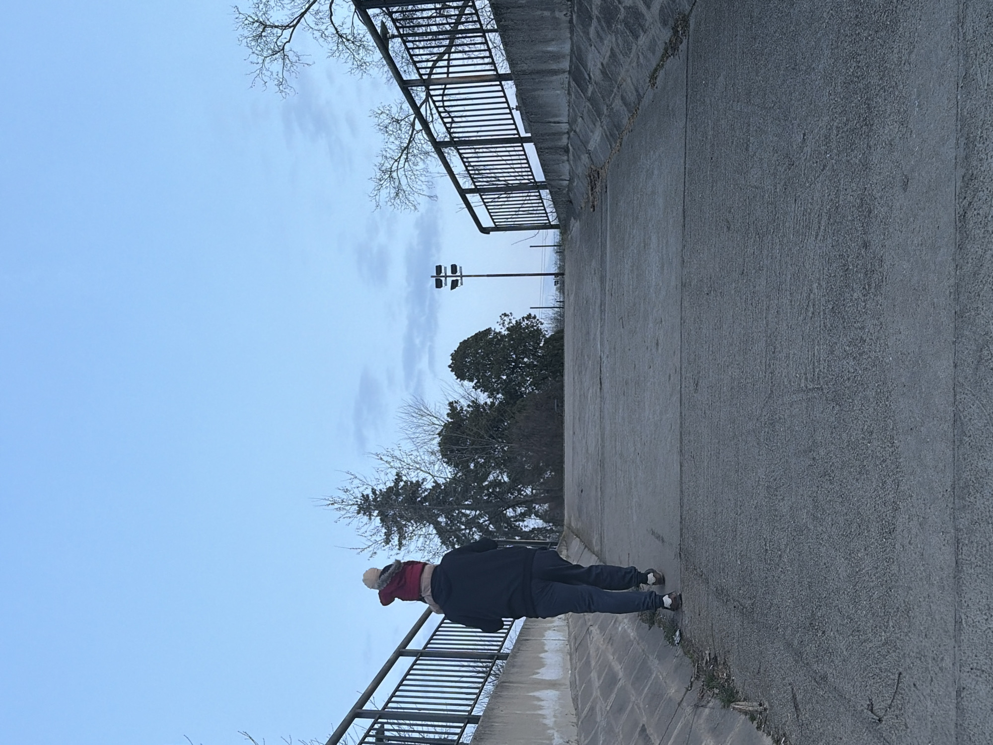 A single adult individual walks away from the viewer, ascending a gray concrete ramp or path in the city of Lom, Bulgaria. The adult, dressed in a dark hoodie and dark trousers, carries a small child on their shoulders. The child is wearing a red jacket and a light-colored knitted hat. Both figures are oriented towards the upper portion of the ramp. The path is bordered on both sides by concrete retaining walls topped with black metal railings. A narrow channel or gutter runs along the base of the left retaining wall. In the mid-ground, a tall pole with a square array of spotlights is visible on the right side of the path. The background features several trees, some deciduous and bare, others evergreen. The sky is a pale blue with scattered light clouds, indicating either dawn or dusk conditions.