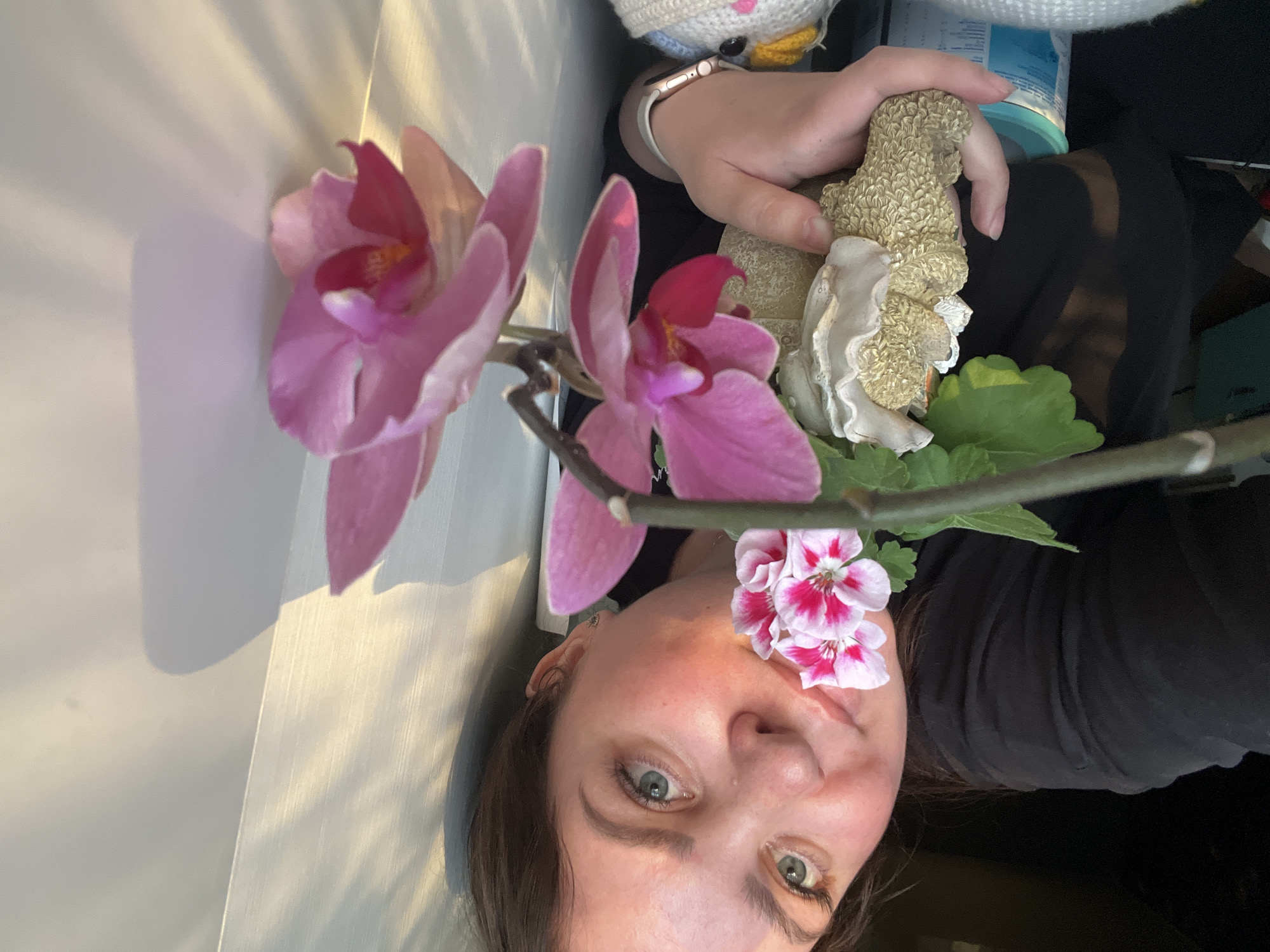 The image is a close-up, portrait-style shot, rotated clockwise, depicting a woman partially obscured by flowers, holding a small figurine, bathed in natural light.
The primary subject is a woman, whose face, particularly her eyes, is visible in the lower right portion of the frame. She has medium brown hair and light-colored eyes. Her expression appears neutral or slightly contemplative. In the upper left of the image, two prominent pink orchid blooms with darker centers are visible on a stem. Another cluster of small pink and white flowers, possibly geraniums, rests near the woman's cheek and right eye.
The woman's hand is visible in the upper center, holding a small, textured, light brown figurine. The figurine appears to be a stylized figure, possibly an angel or a bear with wings, dressed in a ruffled white garment. Another part of a hand, wearing a gold-colored smartwatch, is visible to the left of the figurine. In the blurred background, behind the hand and figurine, a blue and white container is faintly visible, with some unreadable text.
The scene appears to be indoors, likely near a window, as indicated by the warm, directional natural light casting distinct shadows on the light-colored wall in the background. These shadows suggest either early morning or late afternoon sunlight. The overall atmosphere is serene and gentle. There is no decipherable text visible other than the blurry text on the container. The location context provided is Noviy, Russia, though no specific visual cues within the image confirm this.