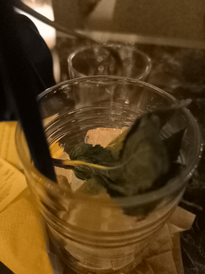 The image displays a close-up, top-down view of a refreshing beverage served in a clear, ribbed glass. The glass contains several ice cubes, a prominent sprig of fresh green mint, and what appears to be a dark straw partially submerged in the liquid. The beverage itself seems light-colored, possibly a clear or pale yellow drink. A bright yellow napkin is visible to the left and underneath the glass.
In the blurred background, another empty or partially visible glass can be seen on a dark, reflective surface, likely a table. To the far left, a dark-colored sleeve or garment, suggesting the presence of a person, is partially visible, offering a hint of human interaction.
The overall lighting is dim and warm, lending a sepia-like tone to the scene, indicative of an evening setting or an indoor environment with ambient lighting, such as a bar, cafe, or restaurant. The context provided places this scene in Palaio Faliro, Greece, though no specific visual cues within the image confirm this location. There is no visible text, and no specific emotions or weather conditions can be discerned from the indoor setting. The image captures a casual moment of someone enjoying a drink.