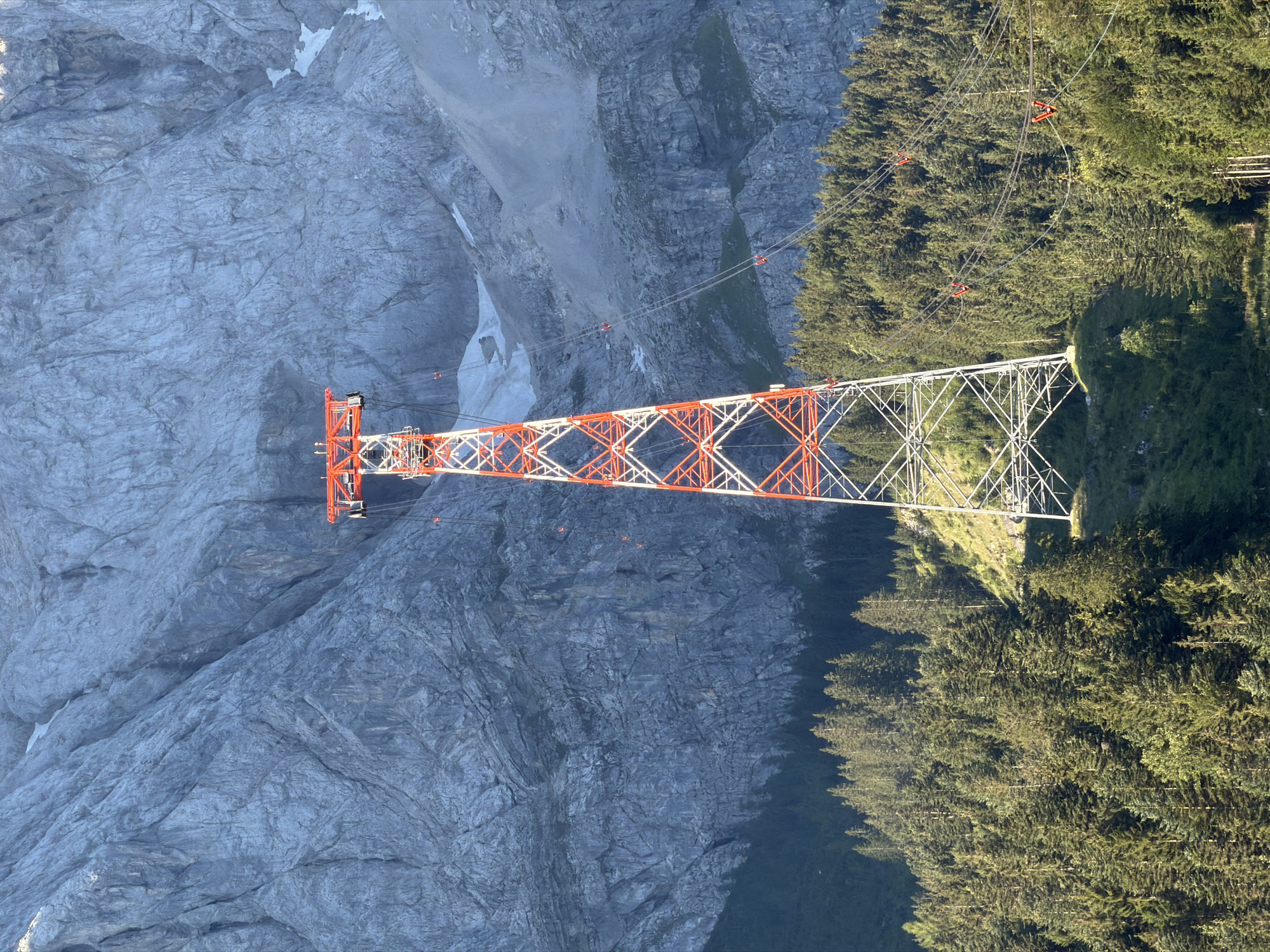 This is a vertical, eye-level, medium shot of a red and white lattice tower for a cable car, situated on a grassy slope amidst a dense forest of evergreen trees, with a vast, rocky mountain face dominating the background. The tower is positioned centrally in the frame, with its red top section highlighted by sunlight. Multiple cables extend from the top of the tower and disappear into the forest and up the mountain. The mountain face behind is textured with layers and shadows, showing patches of snow in its upper reaches. The forest consists of numerous tall, dark green pine trees, with some lighter green deciduous trees interspersed. The lighting suggests it is late afternoon, with the sun casting long shadows and highlighting the edges of the objects. This scene is located in the vicinity of the Zugspitze cable car in Grainau, Germany, which is the highest mountain in Germany. There are no people visible in the image.