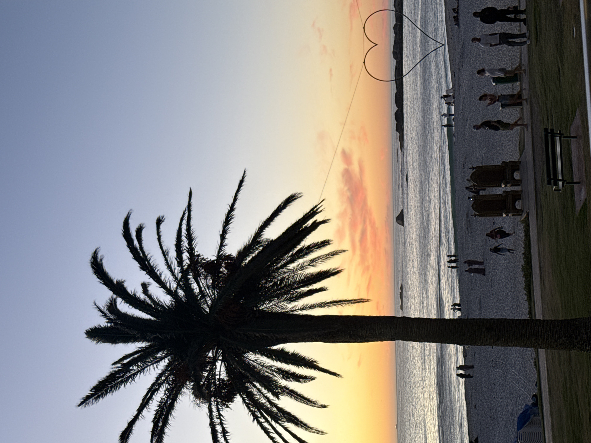 The image is a sideways shot of a sunset at Camps Bay beach in Cape Town, South Africa. A palm tree is silhouetted in the foreground. A heart-shaped wire sculpture is visible on the horizon over the ocean. Several people are walking and standing on the beach. There are park benches and grass on the right of the shot.