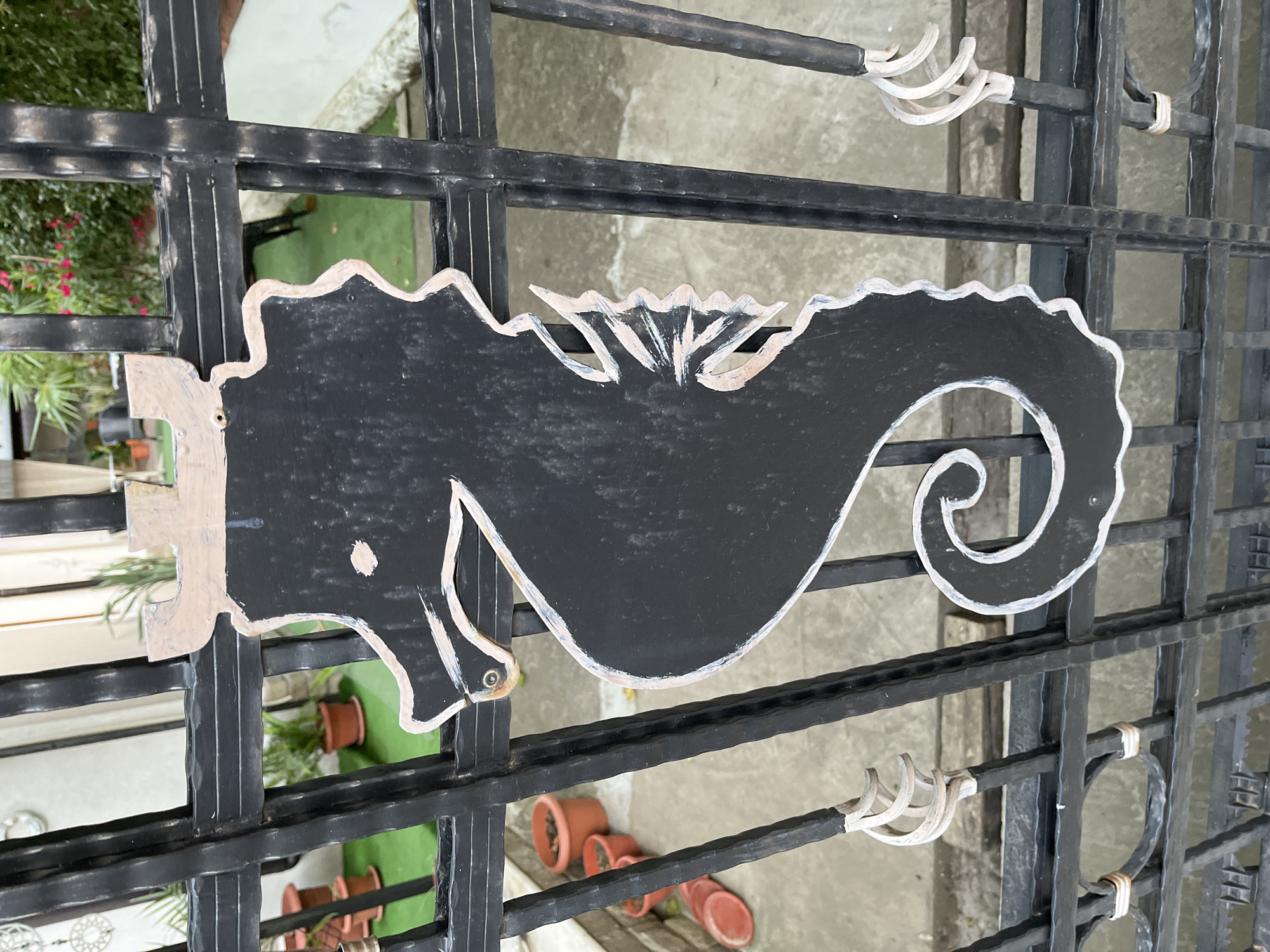 A black, seahorse-shaped sign with a light-colored outline and crown is affixed to a black metal fence. The seahorse has a painted eye and decorative lines on its body. The fence is made of vertical and horizontal bars with decorative scrollwork. In the background, through the fence, are potted plants, a green artificial turf surface, and parts of a building. The scene appears to be outdoors, possibly in a garden or courtyard. The seahorse sign's style and the presence of potted plants suggest a decorative element, possibly for a business or residential property. The location in Nesebar, Bulgaria, is known for its historic architecture and seaside setting, which might explain the seahorse motif.