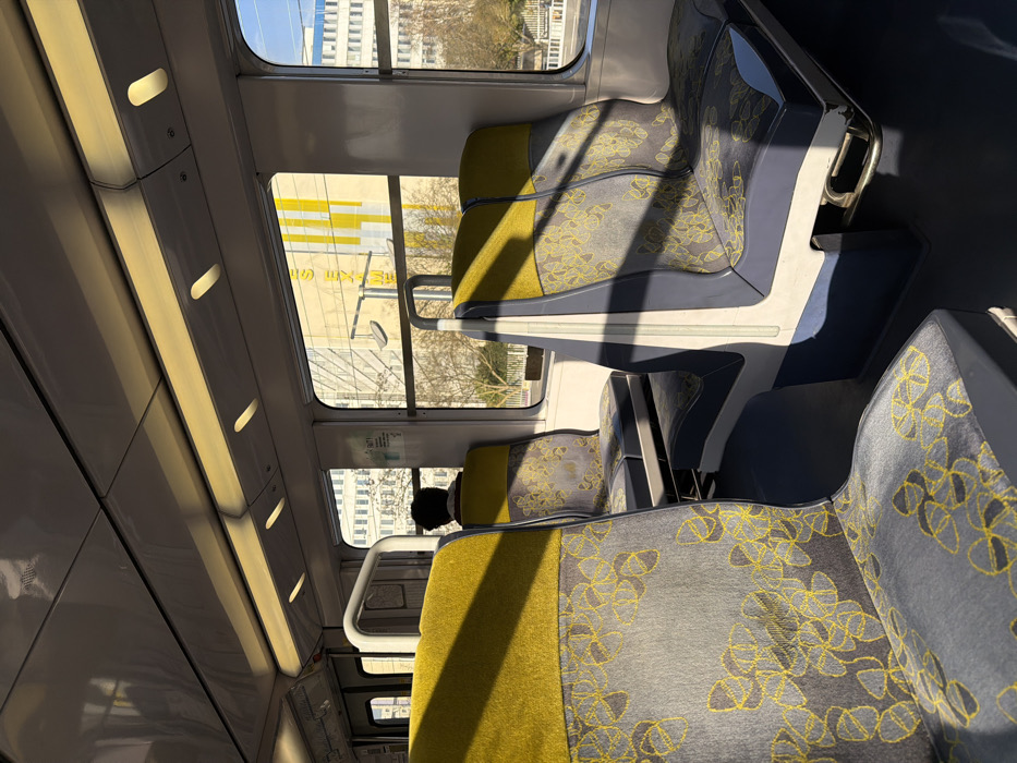 The image displays the interior of a public transport vehicle, likely a train or tram, with an exterior urban view indicating the vicinity of Arcueil, France. The vehicle's interior features rows of empty seats upholstered with a two-tone design: the upper backrests are solid chartreuse yellow, while the lower backrests and seat cushions are grey with a repeating yellow floral or geometric pattern. The seat frames are light grey and dark blue. The floor is dark blue, and the white ceiling contains recessed oval-shaped lighting fixtures. Strong natural sunlight enters from the right, casting defined shadows across the seats and floor.
One individual is present in the middle-ground, seated with their back to the viewer, facing the windows. The back of their head, featuring dark hair, is visible, along with the shoulders of a dark garment that includes a reddish collar or trim.
Through the windows, a prominent, light-colored modern building with distinctive vertical yellow panels is visible. This structure is identified as the ENS Paris-Saclay building, with partial text reading "ES EX..." discernible on its facade. Additional multi-story buildings and bare deciduous trees are visible in the background under a clear blue sky. A utility pole is also present in the exterior scene. The environment is illuminated by bright natural daylight.