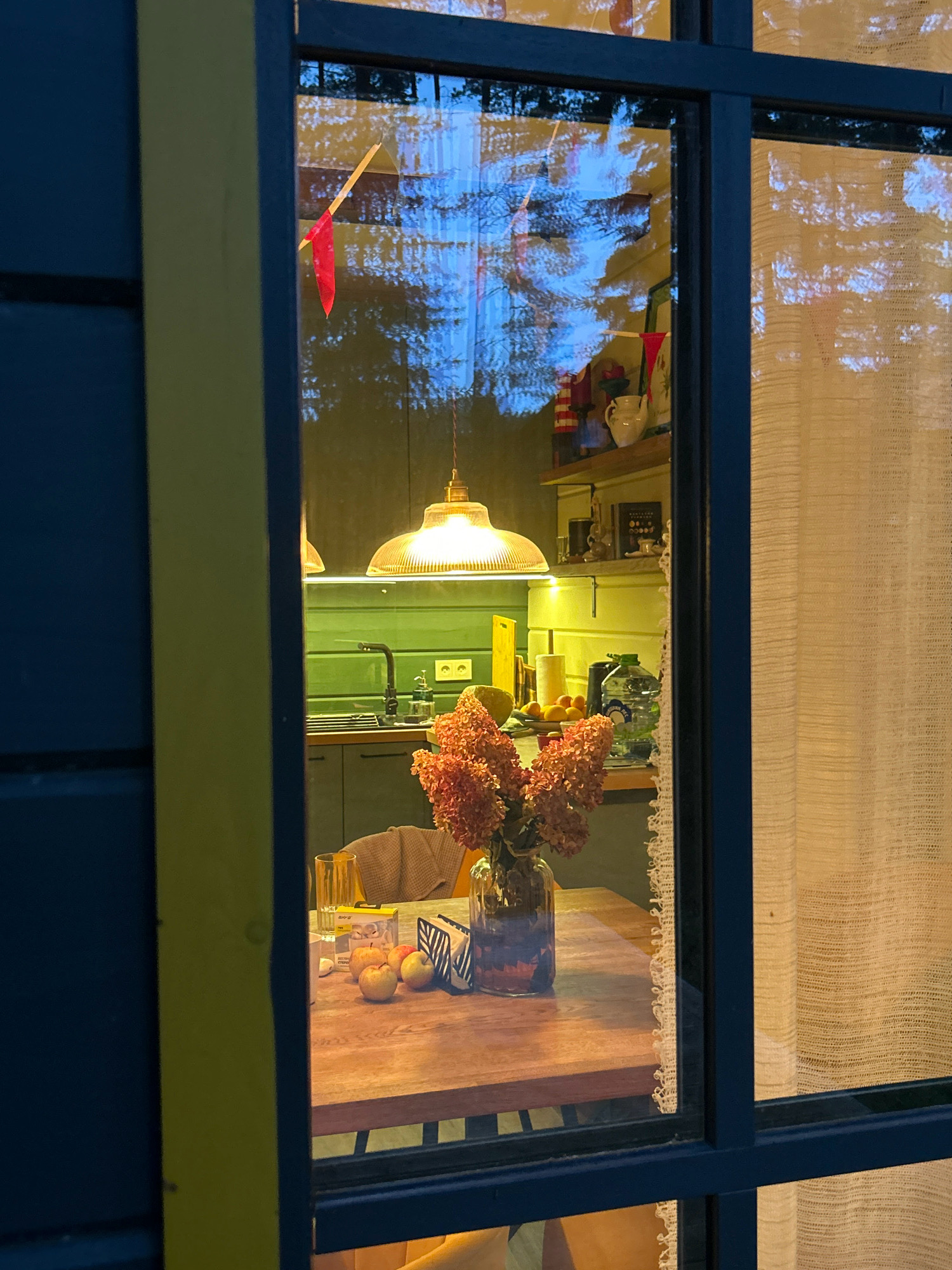 This is a photograph taken at dusk, looking through a window into a room that appears to be a kitchen and dining area. The window frame is dark blue with a yellow trim. The room is illuminated by warm artificial light, casting a glow on the surfaces.
In the foreground, on a wooden table, there is a vase filled with dried orange flowers. Beside the vase, there is a tall glass, a box with some text on it, a few apples, and a napkin holder with a black and white patterned design. A beige blanket is draped over the back of a chair behind the table.
The background of the room shows a kitchen counter with a black faucet and sink. A green backsplash is visible behind the counter. On shelves above the counter, there are various kitchen items, including a white pitcher and some decorative objects. A large pendant light with a ribbed glass shade hangs from the ceiling. There are also reflections on the window, showing trees and a blue sky, indicating an outdoor environment outside the room. A thin, sheer, light-colored curtain is visible on the right side of the window. The overall impression is a cozy domestic scene, possibly in a residential area of Shepelyovo, Russia, given the context.