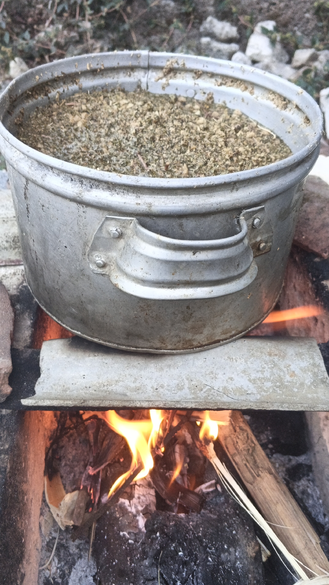 A close-up, eye-level shot shows a metal pot filled with a granular, leafy substance situated on a makeshift stove. The pot, with two attached handles, rests on a flat, gray slab that bridges over an open fire. Flames lick upwards from the burning wood and embers beneath the slab, casting an orange glow. The background is out of focus, showing a blur of green foliage and rocks. The scene suggests an outdoor setting, possibly in a rural area. There are no people or animals visible in the frame. The image does not provide any information or context to determine the location within Soko, Indonesia.