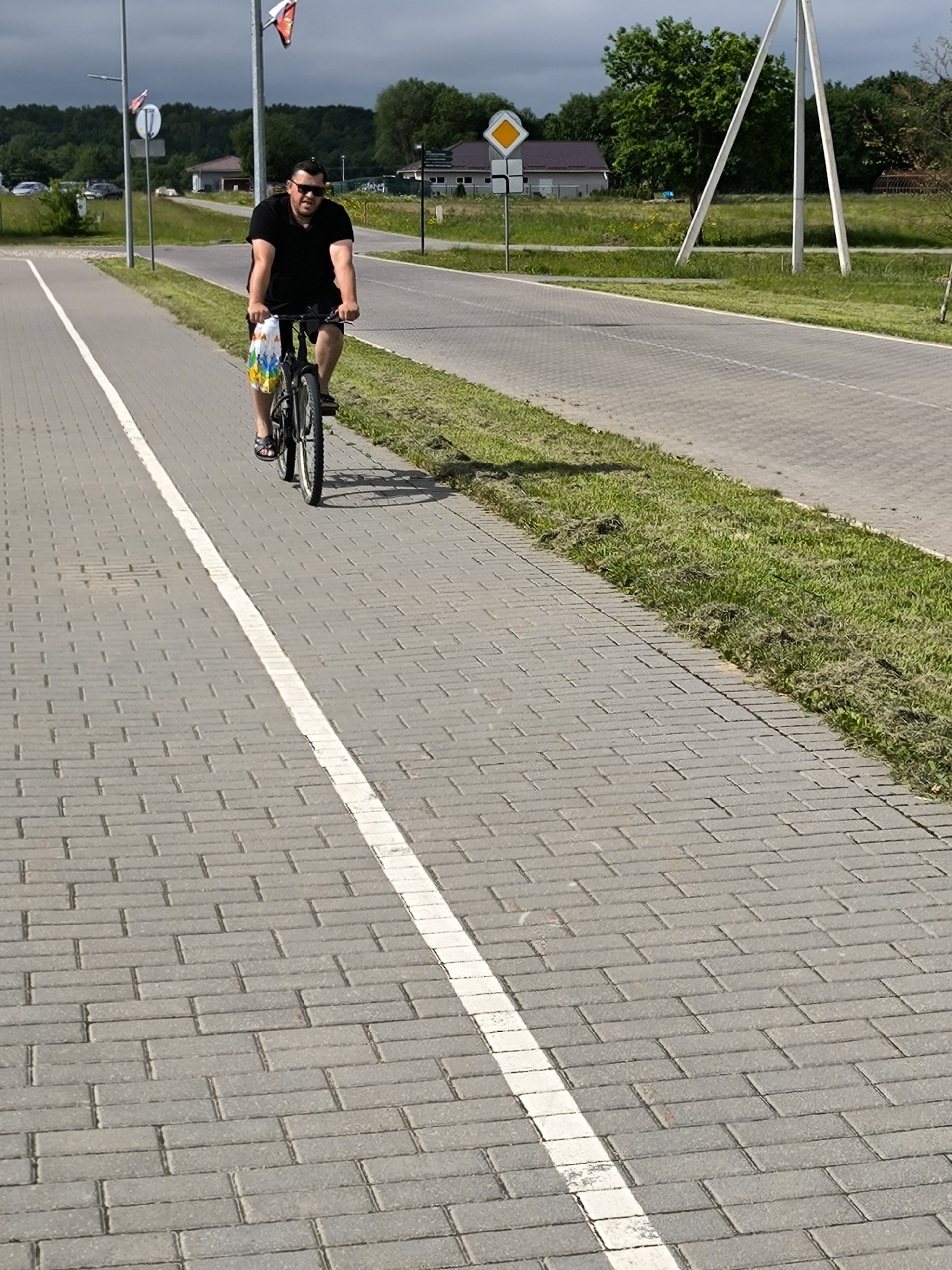 A man is cycling on a paved path next to a road. He is wearing a black t-shirt, black shorts, sunglasses, and sandals. He is carrying a multi-colored bag in the basket of his bicycle. The path is made of gray brick pavers with a white line marking the edge. The road is paved and has a grassy shoulder. In the background, there are trees, houses, and utility poles. The sky is cloudy, and the lighting suggests it is daytime. The overall scene appears to be in a rural or suburban area.