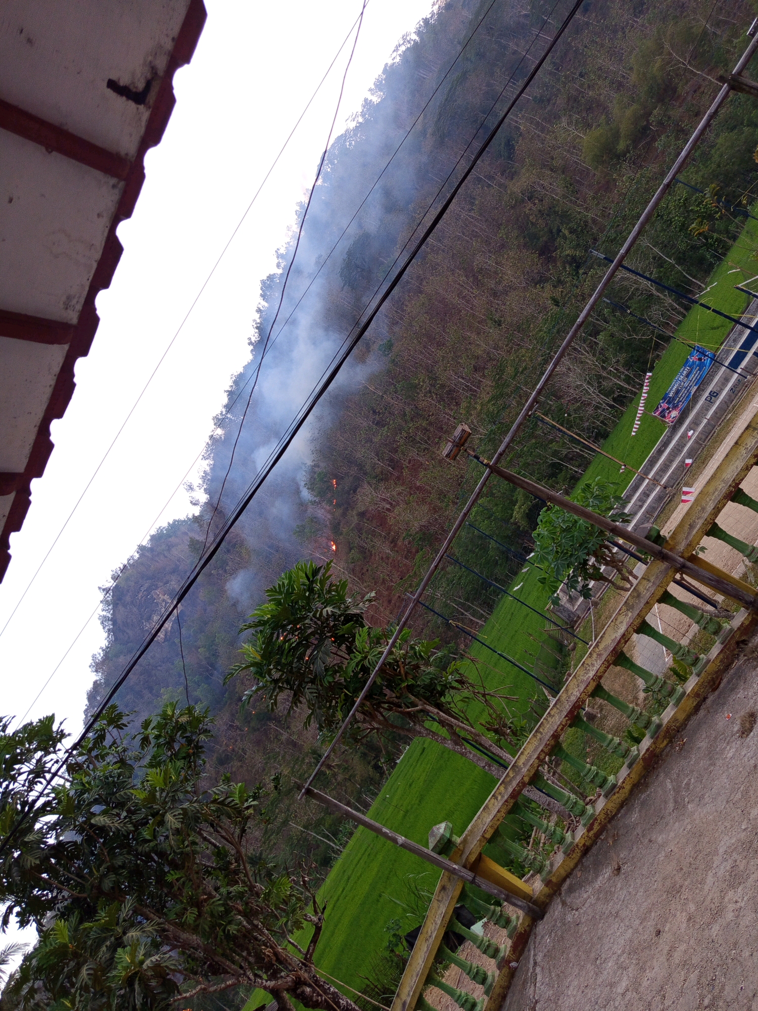 The image depicts a landscape scene, possibly in Tinatar, Indonesia, with a portion of a building's roof in the foreground. A hillside covered with trees is visible, with smoke and visible flames indicating a fire. In the middle ground, there is a green field and a road with a blue vehicle and banners. A fence with green pillars runs along the right side of the image. Power lines are strung across the scene, partially obscuring the view of the hillside. The overall lighting suggests it is daytime.