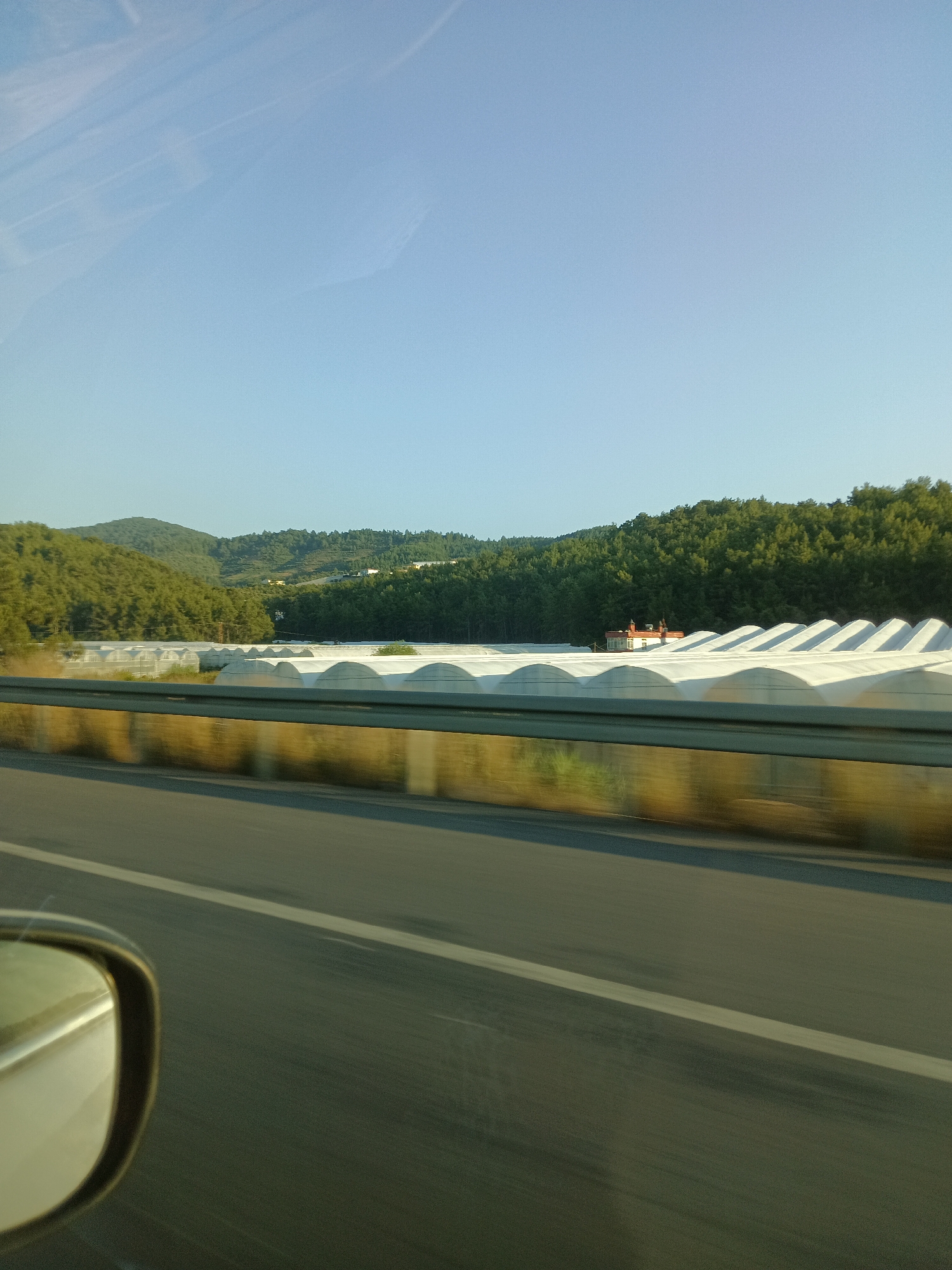 An eye-level, full shot captures a landscape scene from a moving vehicle, likely a car based on the presence of a side-view mirror in the lower left corner. The image shows a highway in the foreground with a metal guardrail separating it from a field of white greenhouses that stretch across the middle ground. Behind the greenhouses, a densely forested hillside rises, with a small building visible among the trees. The sky above is a clear, pale blue. The motion blur suggests the photo was taken while traveling at a moderate speed. The location is identified as Alanya, Turkey.