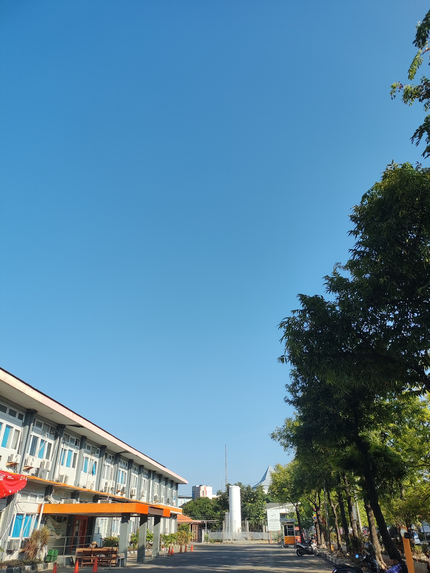 The image depicts a clear blue sky above a multi-story building and a row of trees. The building has a long facade with many windows and air conditioning units. An orange awning extends across the lower part of the building. In front of the building, there is a paved area with traffic cones and some parked motorcycles. The trees are lush and green, with some branches extending into the frame. In the distance, other buildings and a tower are visible. The scene appears to be an outdoor area of an institutional or commercial building in a city. Based on the architectural style of the building and the presence of lush vegetation, this scene is likely located in a tropical or subtropical region. The prompt mentions Cirebon, Indonesia, which fits this description. The overall impression is one of a bright, sunny day. There are no visible people in the image.