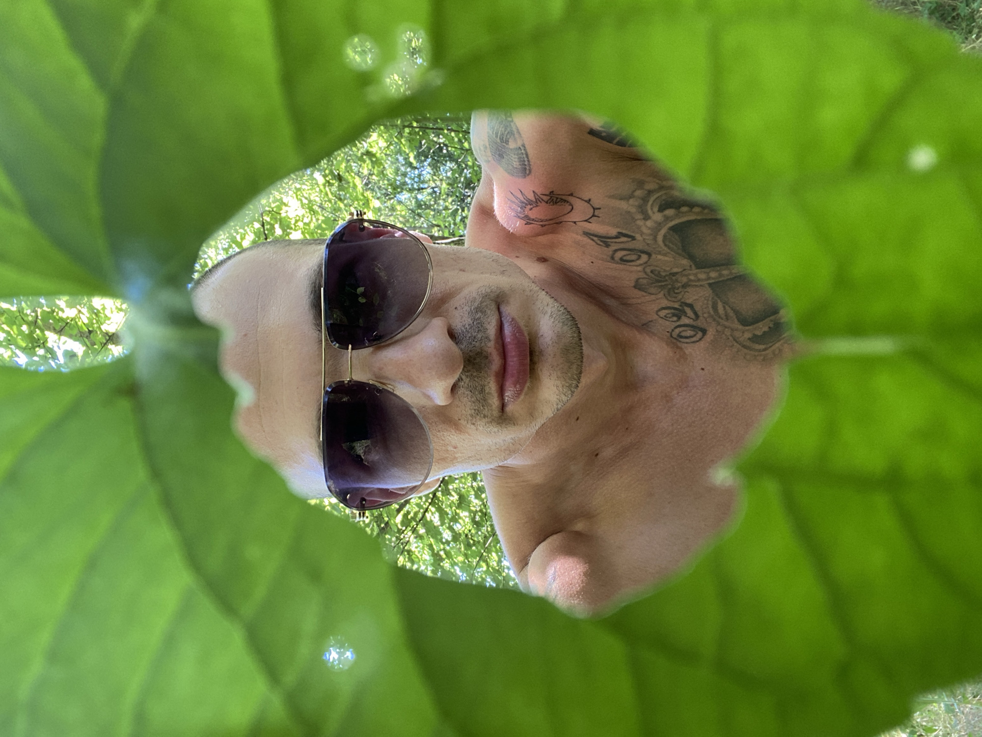The image is a close-up selfie of a shirtless man wearing sunglasses, framed by large green leaves. The man has short dark hair and stubble. He has tattoos on his chest and shoulder, including a crown and what appear to be numbers. The background is blurred and shows green foliage and trees, suggesting an outdoor, natural setting. No specific location in Pleven, Bulgaria, can be identified from the image.