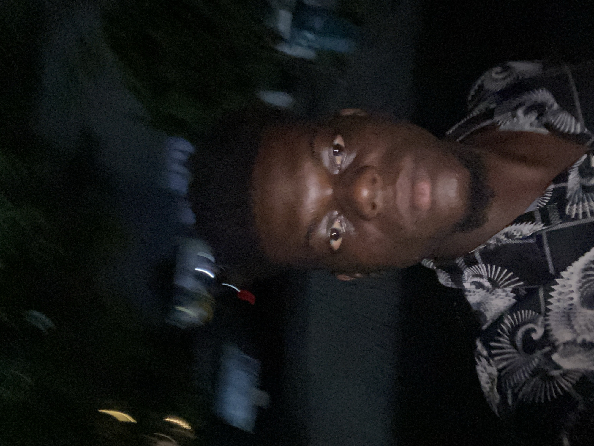 An image, rotated 90 degrees counter-clockwise, features a dark-skinned individual looking directly at the camera against a predominantly dark and blurry background. The person's head is positioned on the right side of the frame, and they appear to be looking forward. They have short, dark hair and a neatly trimmed beard or stubble around their chin and jawline. Their eyes are open and reflect light, suggesting a direct light source, possibly a flash. The expression on their face is neutral or slightly serious.
The individual is wearing a dark, possibly black, short-sleeved shirt with an intricate pattern in white or light grey. The pattern appears to depict stylized wings, feathers, or a similar organic, ornate design, notably visible on the shoulder and chest area.
The background is very dark, indicating a nighttime setting or a dimly lit indoor environment. Despite the darkness, several blurry, elongated streaks and patches of light are discernible in the distance, particularly on the left side of the frame. These suggest ambient light sources like streetlights or vehicle head/tail lights, potentially implying movement or a city backdrop. The overall image has a grainy texture due to low light conditions. There is no visible text in the image.
