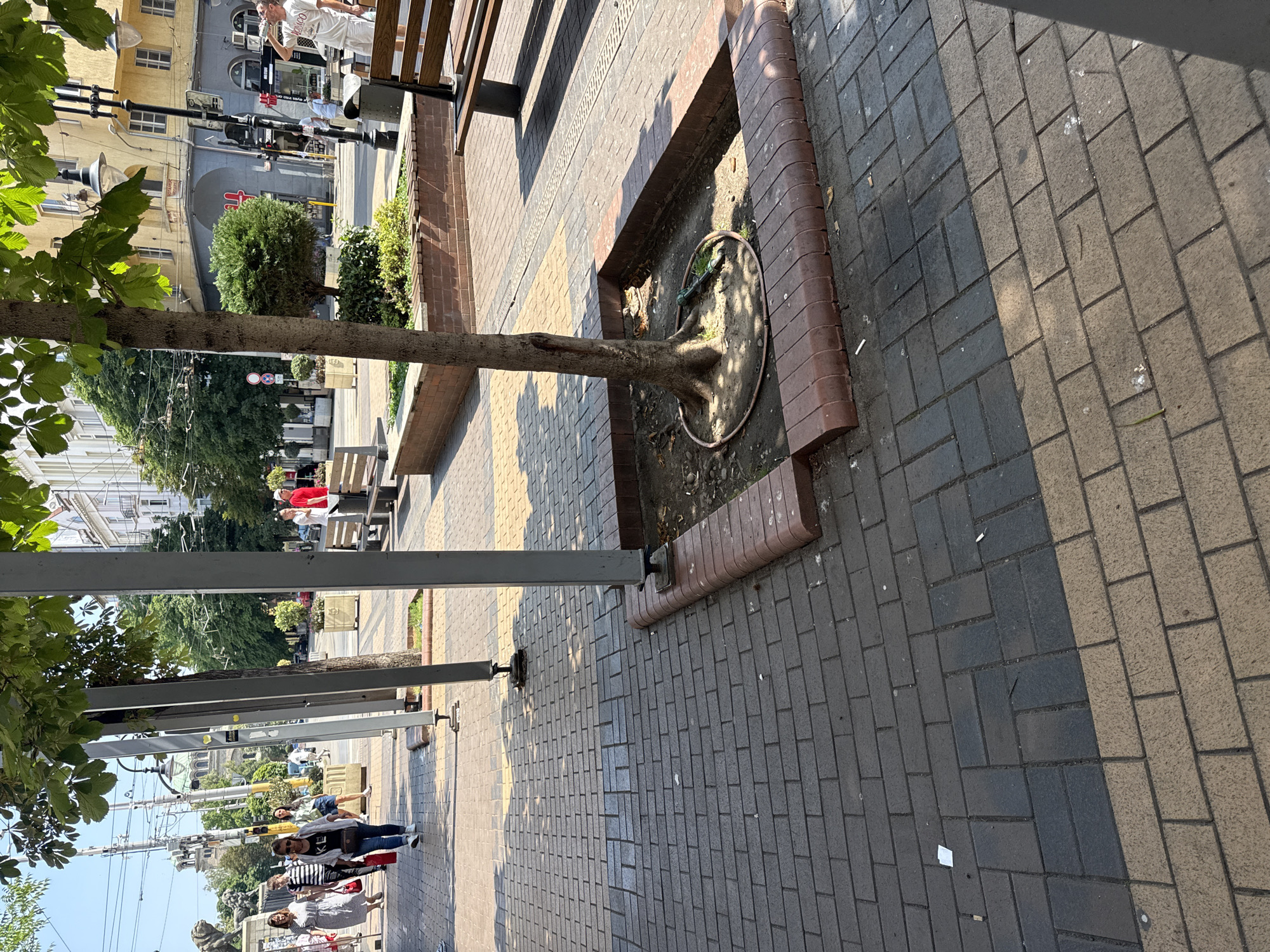 The image depicts a street scene with people walking and sitting on benches. A tree is planted in a raised brick planter in the foreground. The ground is paved with interlocking bricks. In the background, buildings line the street, and more trees and greenery are visible. People are casually dressed, suggesting a daytime setting. Some individuals are walking, while others are seated on benches, appearing to relax or converse. The lighting suggests it is daytime with sunlight casting shadows. The overall atmosphere appears to be a pleasant, urban environment. No visible text is present in the image.