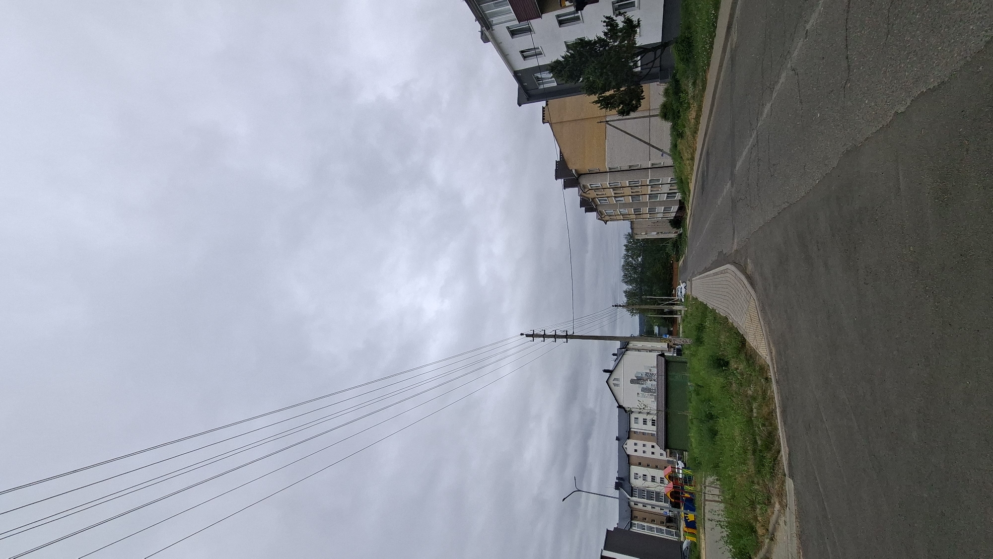 The image depicts a street scene in the city of Smaliavichy, Belarus, under an overcast sky. The foreground shows an asphalt road with visible cracks and a paved pedestrian walkway on the left. To the left of the road are apartment buildings with multiple stories, some featuring balconies and windows. Adjacent to the buildings is a small playground with colorful equipment and a patch of overgrown green grass. A tall street lamp is visible on the left side of the road.
Further down the road, a concrete utility pole with multiple wires stretches across the frame, supported by insulators. Beyond the utility pole, a row of residential buildings continues, with facades of yellow brick and white plaster. A lone evergreen tree stands in front of one of these buildings. The road curves to the right and leads into the distance, where it is bordered by more apartment buildings and greenery. A few parked cars are visible on the road and in front of the buildings. The background is dominated by a dense line of trees, suggesting a more rural or park-like area beyond the residential zone. The overall impression is of a quiet urban or suburban neighborhood on a cloudy day.